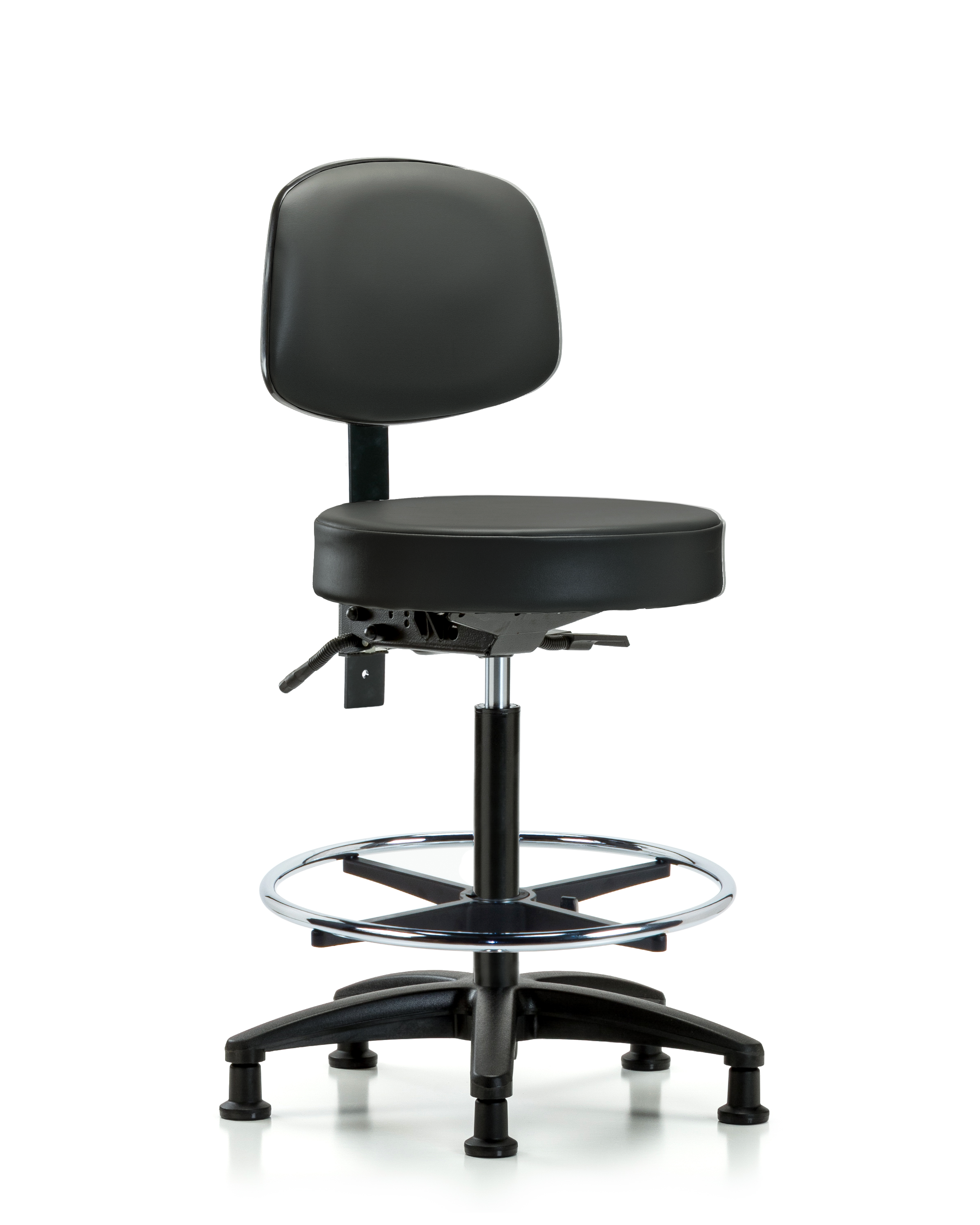 Rutledge Vinyl Stool with Back - High Bench Height with Chrome Foot Ring & Stationary Glides in Carbon Supernova Vinyl
