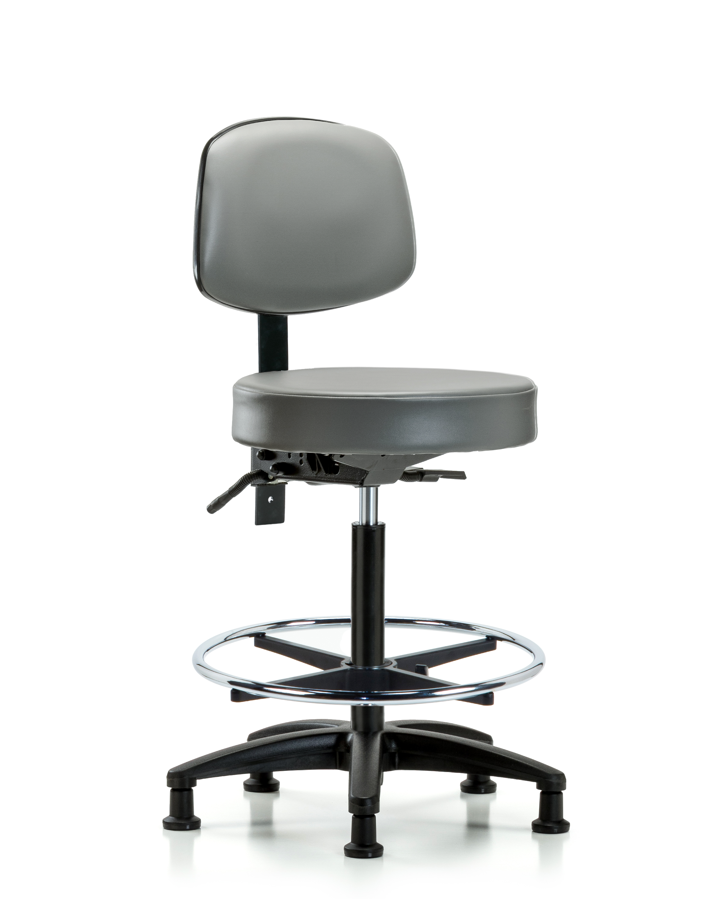 Rutledge Vinyl Stool with Back - High Bench Height with Chrome Foot Ring & Stationary Glides in Sterling Supernova Vinyl