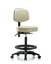 Rutledge Vinyl Stool with Back - High Bench Height with Seat Tilt, Black Foot Ring, & Casters in Adobe White Trailblazer Vinyl
