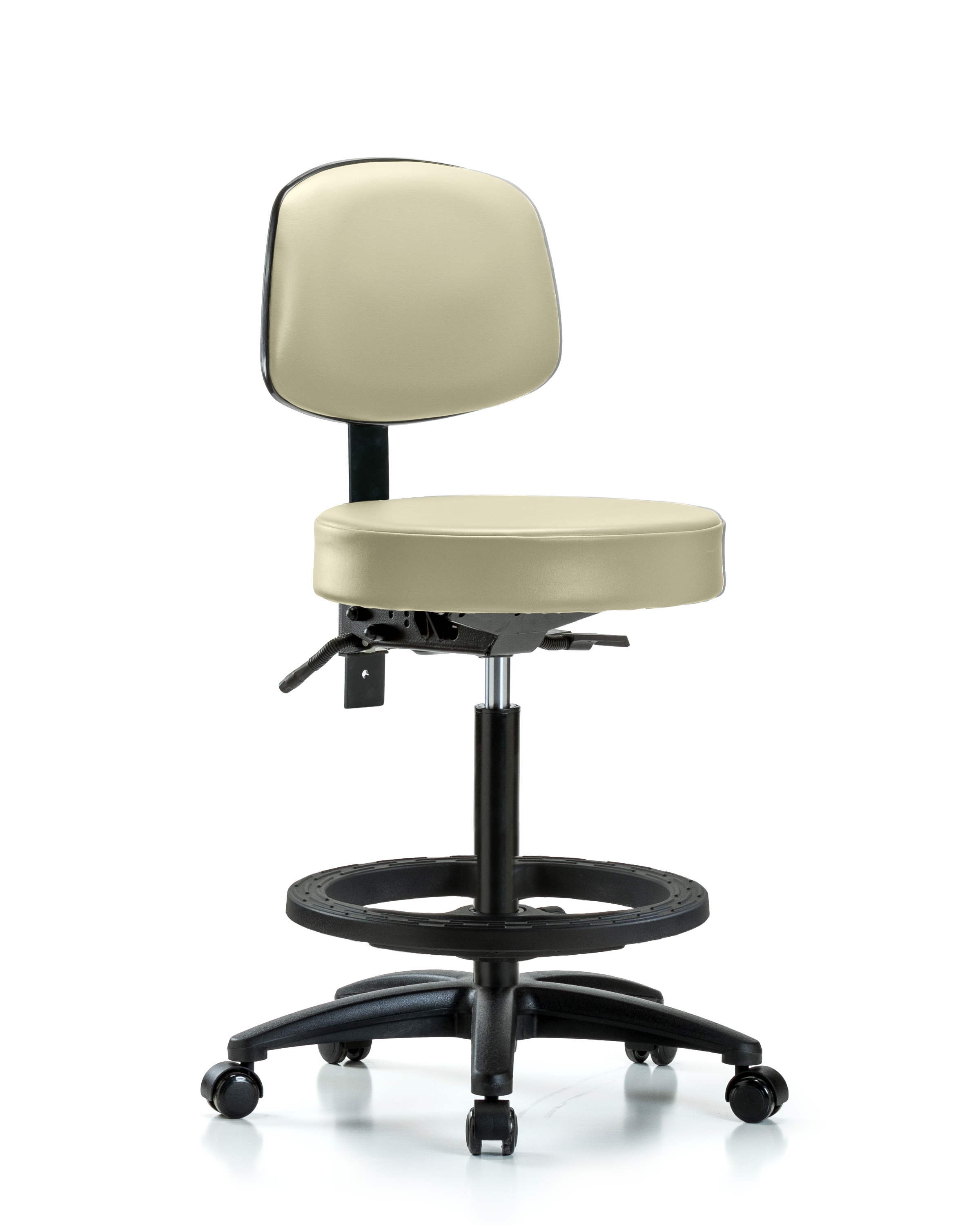 Rutledge Vinyl Stool with Back - High Bench Height with Seat Tilt, Black Foot Ring, & Casters in Adobe White Trailblazer Vinyl