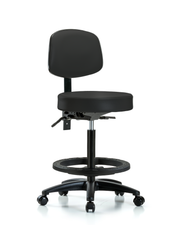 Rutledge Vinyl Stool with Back - High Bench Height with Seat Tilt, Black Foot Ring, & Casters in Black Trailblazer Vinyl