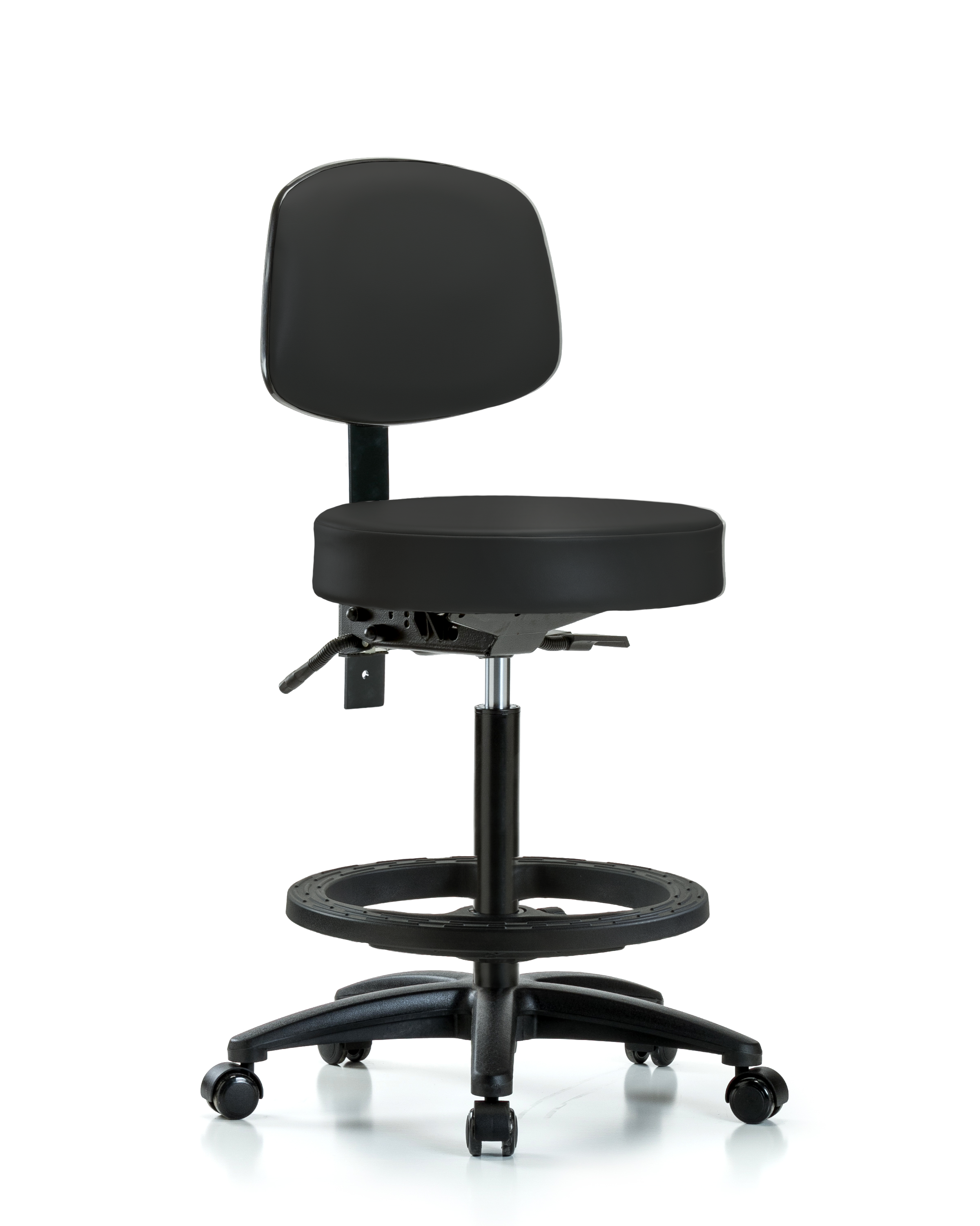 Rutledge Vinyl Stool with Back - High Bench Height with Seat Tilt, Black Foot Ring, & Casters in Black Trailblazer Vinyl