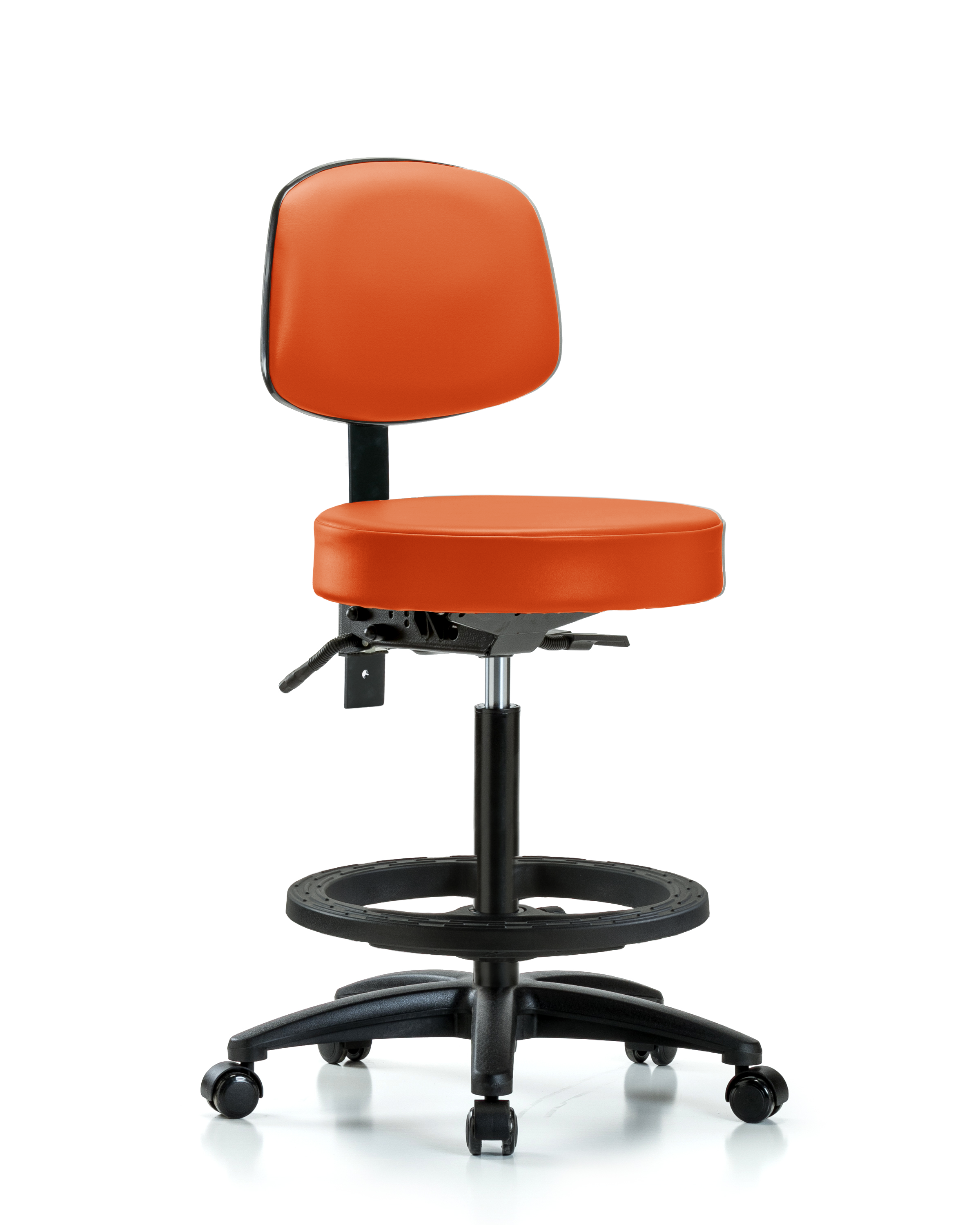 Rutledge Vinyl Stool with Back - High Bench Height with Seat Tilt, Black Foot Ring, & Casters in Orange Kist Trailblazer Vinyl