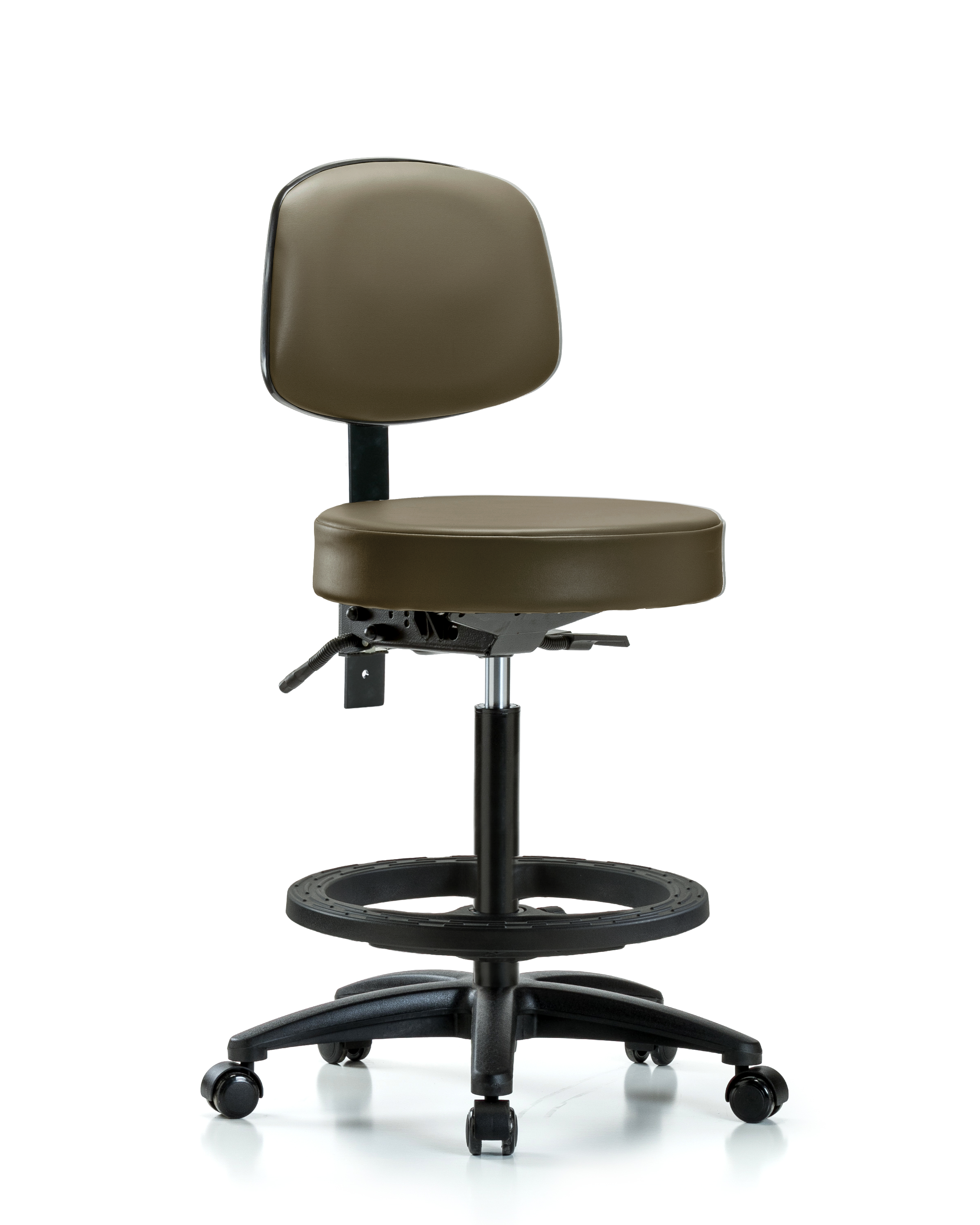 Rutledge Vinyl Stool with Back - High Bench Height with Seat Tilt, Black Foot Ring, & Casters in Taupe Supernova Vinyl