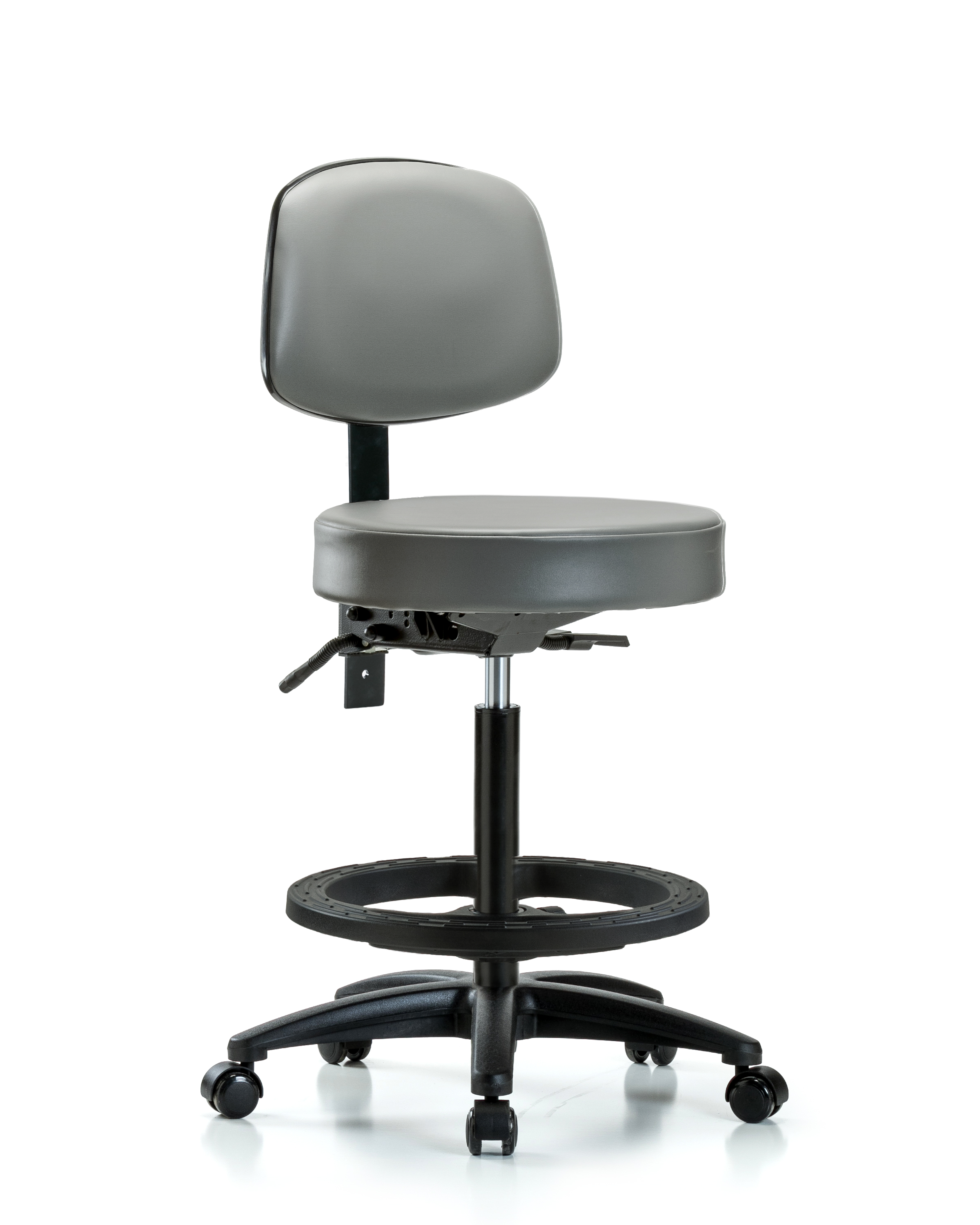 Rutledge Vinyl Stool with Back - High Bench Height with Seat Tilt, Black Foot Ring, & Casters in Sterling Supernova Vinyl