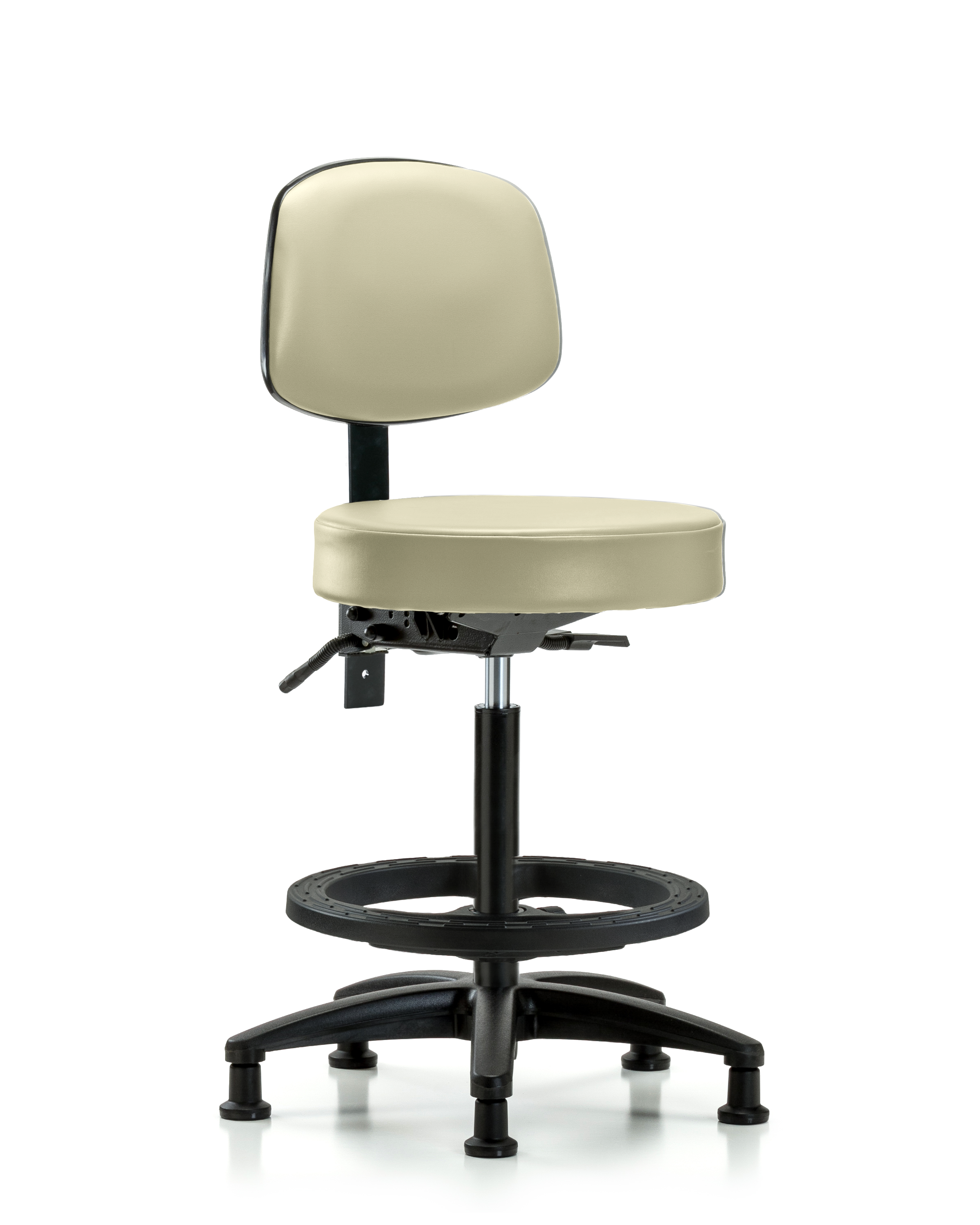Rutledge Vinyl Stool with Back - High Bench Height with Seat Tilt, Black Foot Ring, & Stationary Glides in Adobe White Trailblazer Vinyl