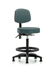 Rutledge Vinyl Stool with Back - High Bench Height with Seat Tilt, Black Foot Ring, & Stationary Glides in Colonial Blue Trailblazer Vinyl