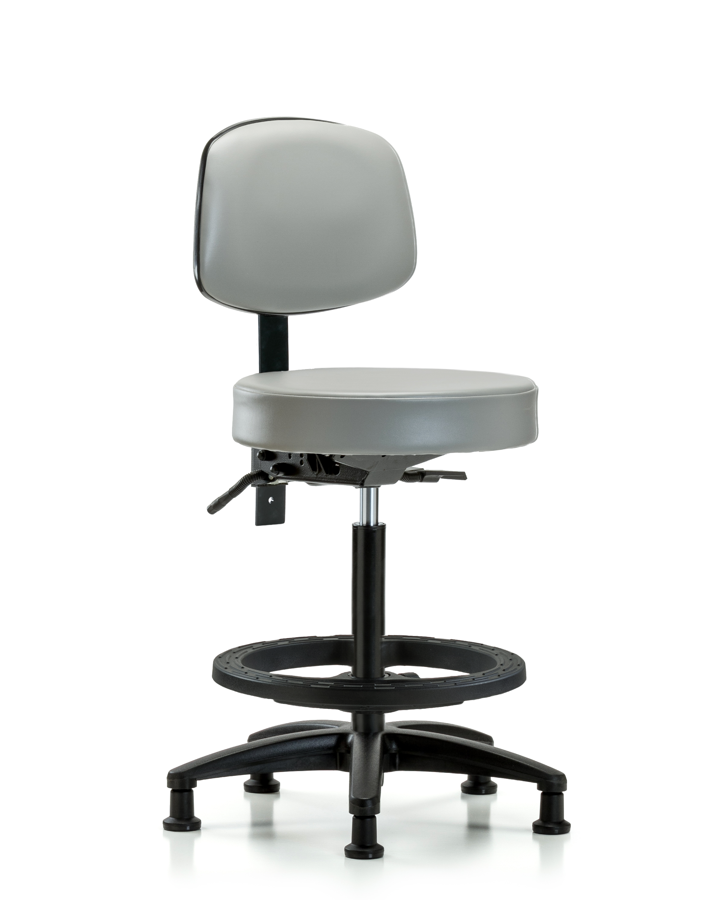 Rutledge Vinyl Stool with Back - High Bench Height with Seat Tilt, Black Foot Ring, & Stationary Glides in Dove Trailblazer Vinyl