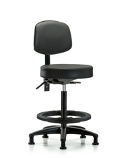 Rutledge Vinyl Stool with Back - High Bench Height with Seat Tilt, Black Foot Ring, & Stationary Glides in Carbon Supernova Vinyl