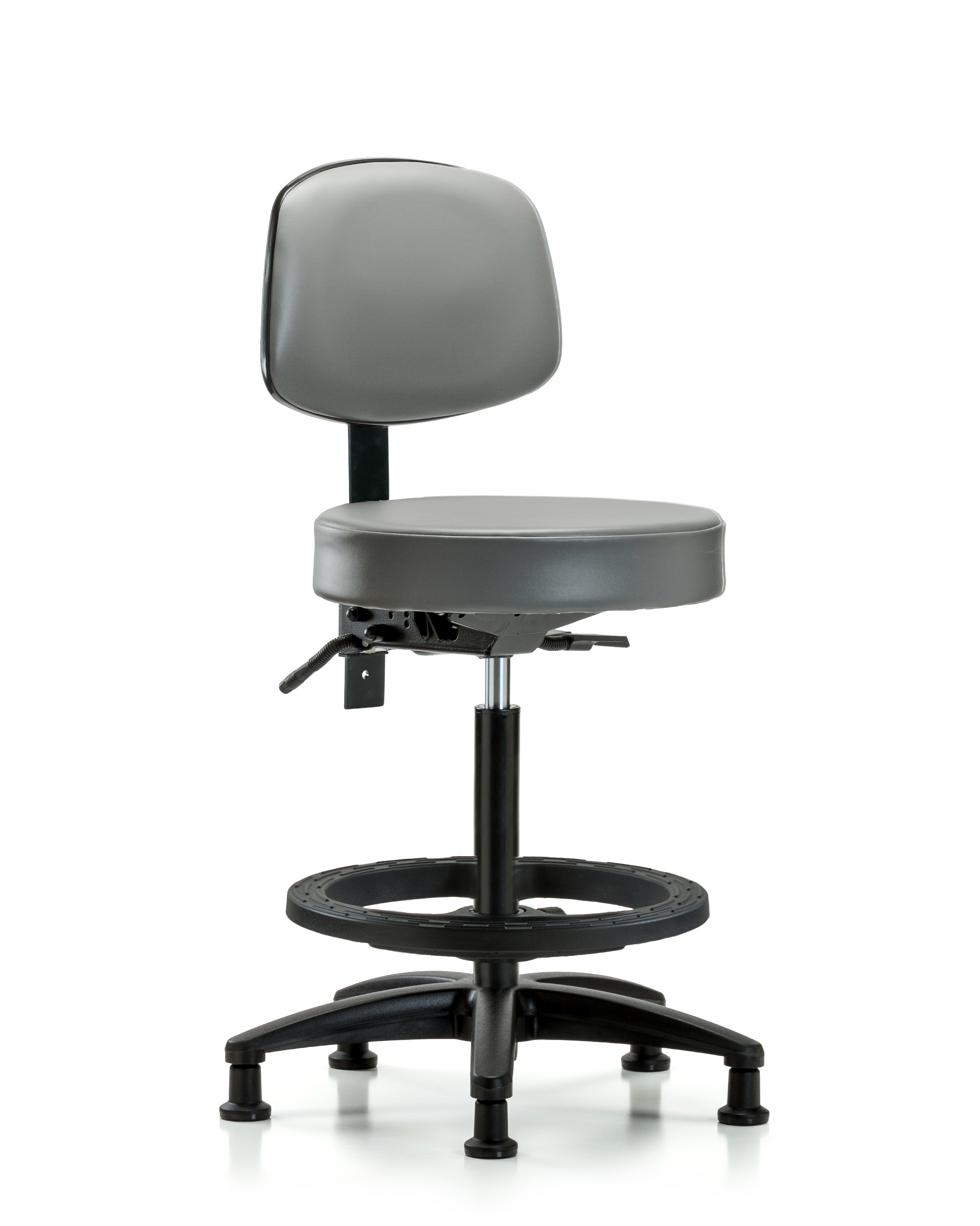 Rutledge Vinyl Stool with Back - High Bench Height with Seat Tilt, Black Foot Ring, & Stationary Glides in Sterling Supernova Vinyl