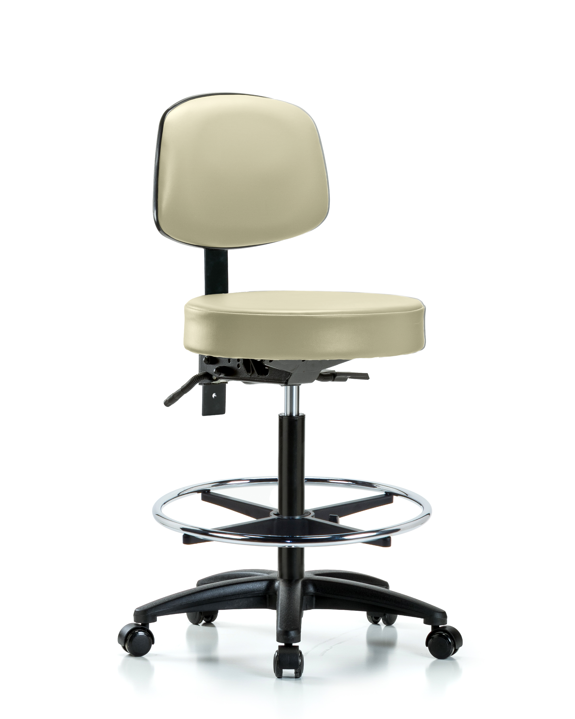 Rutledge Vinyl Stool with Back - High Bench Height with Seat Tilt, Chrome Foot Ring, & Casters in Adobe White Trailblazer Vinyl