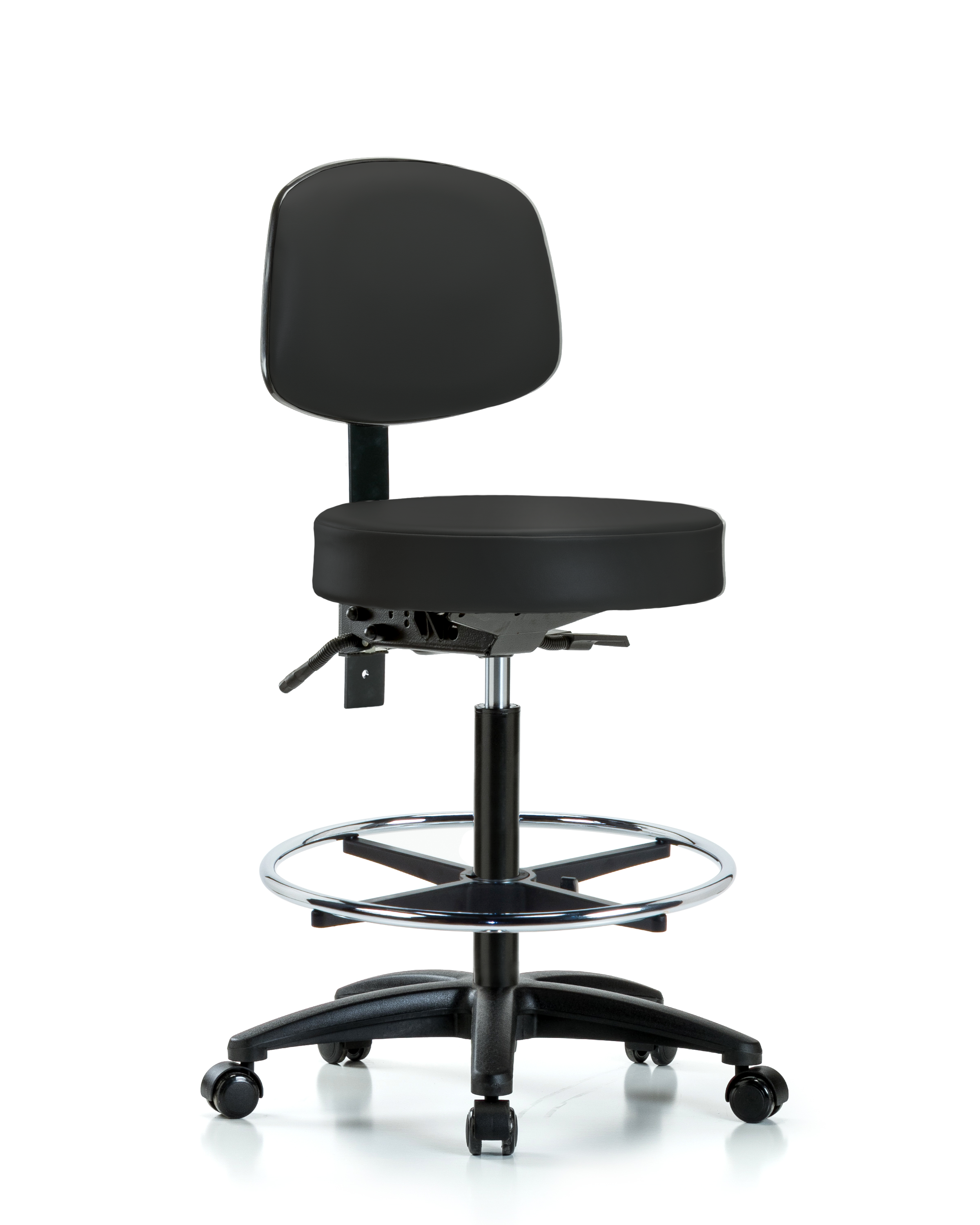 Rutledge Vinyl Stool with Back - High Bench Height with Seat Tilt, Chrome Foot Ring, & Casters in Black Trailblazer Vinyl