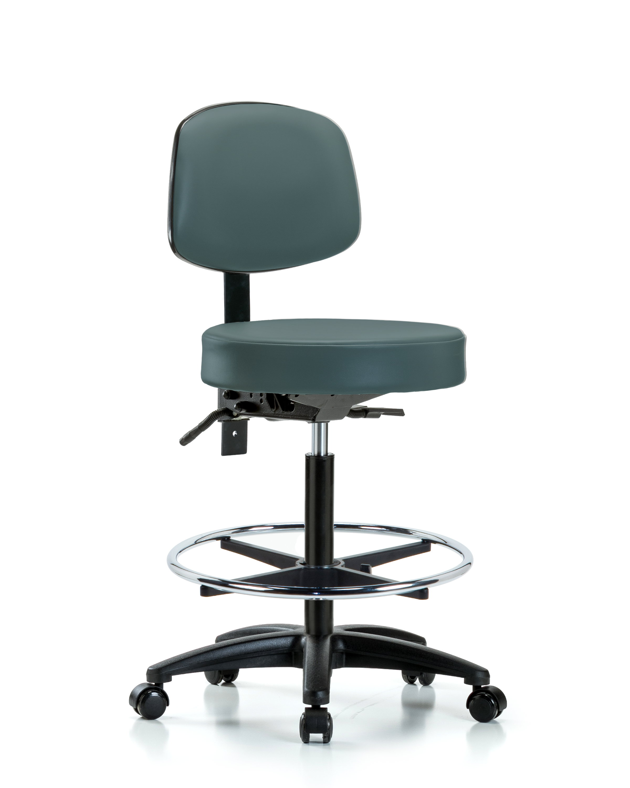 Rutledge Vinyl Stool with Back - High Bench Height with Seat Tilt, Chrome Foot Ring, & Casters in Colonial Blue Trailblazer Vinyl