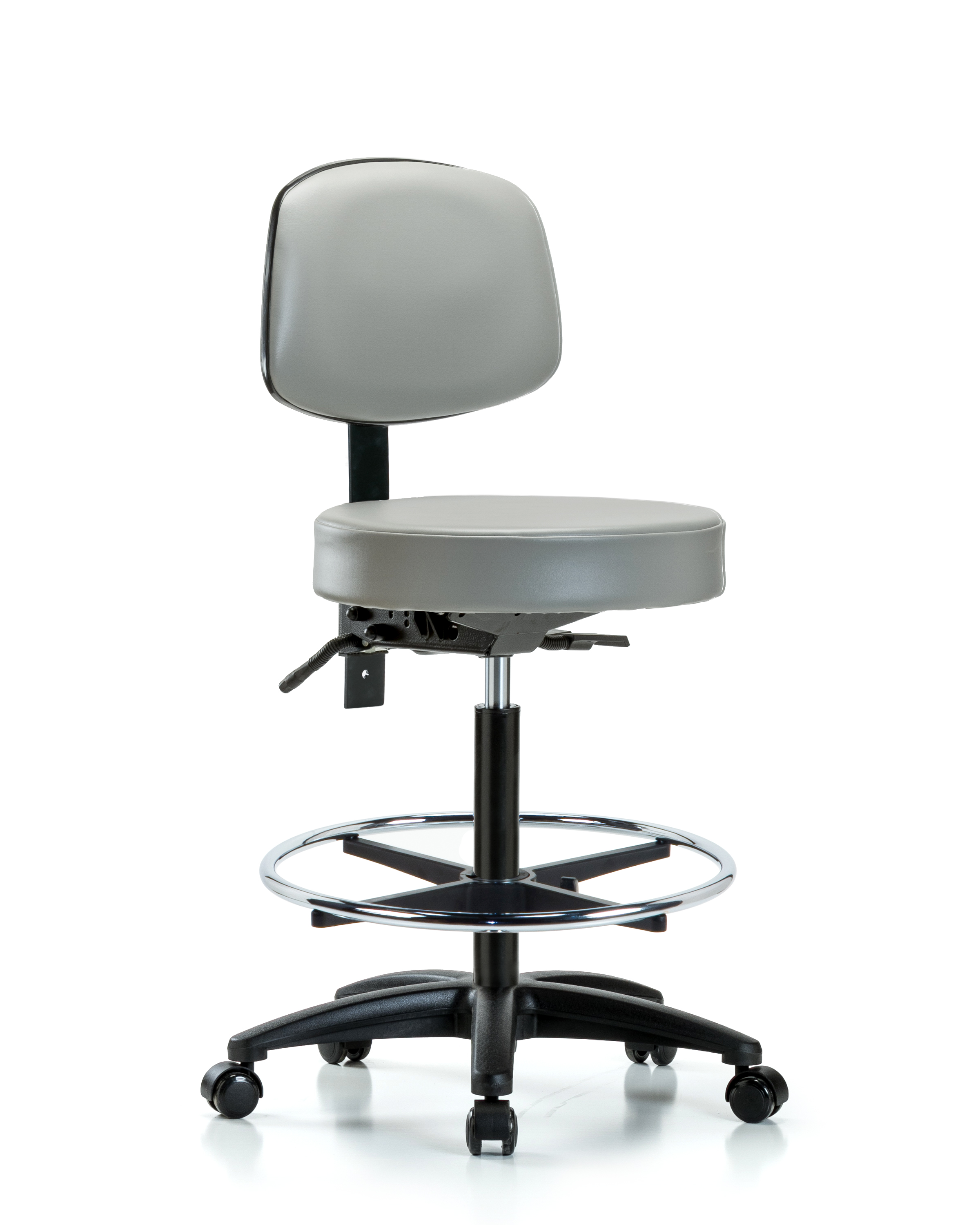 Rutledge Vinyl Stool with Back - High Bench Height with Seat Tilt, Chrome Foot Ring, & Casters in Dove Trailblazer Vinyl