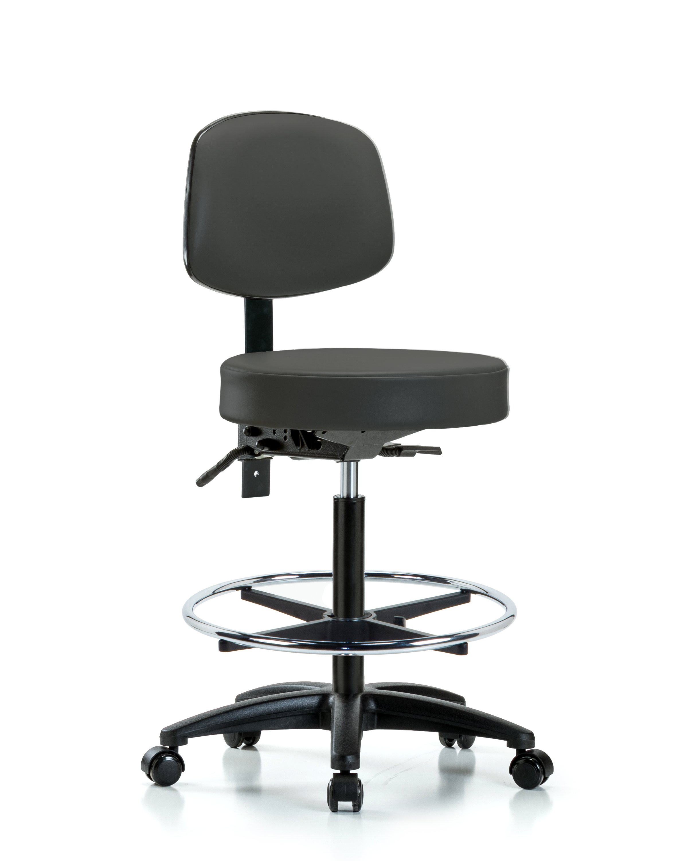 Rutledge Vinyl Stool with Back - High Bench Height with Seat Tilt, Chrome Foot Ring, & Casters in Charcoal Trailblazer Vinyl