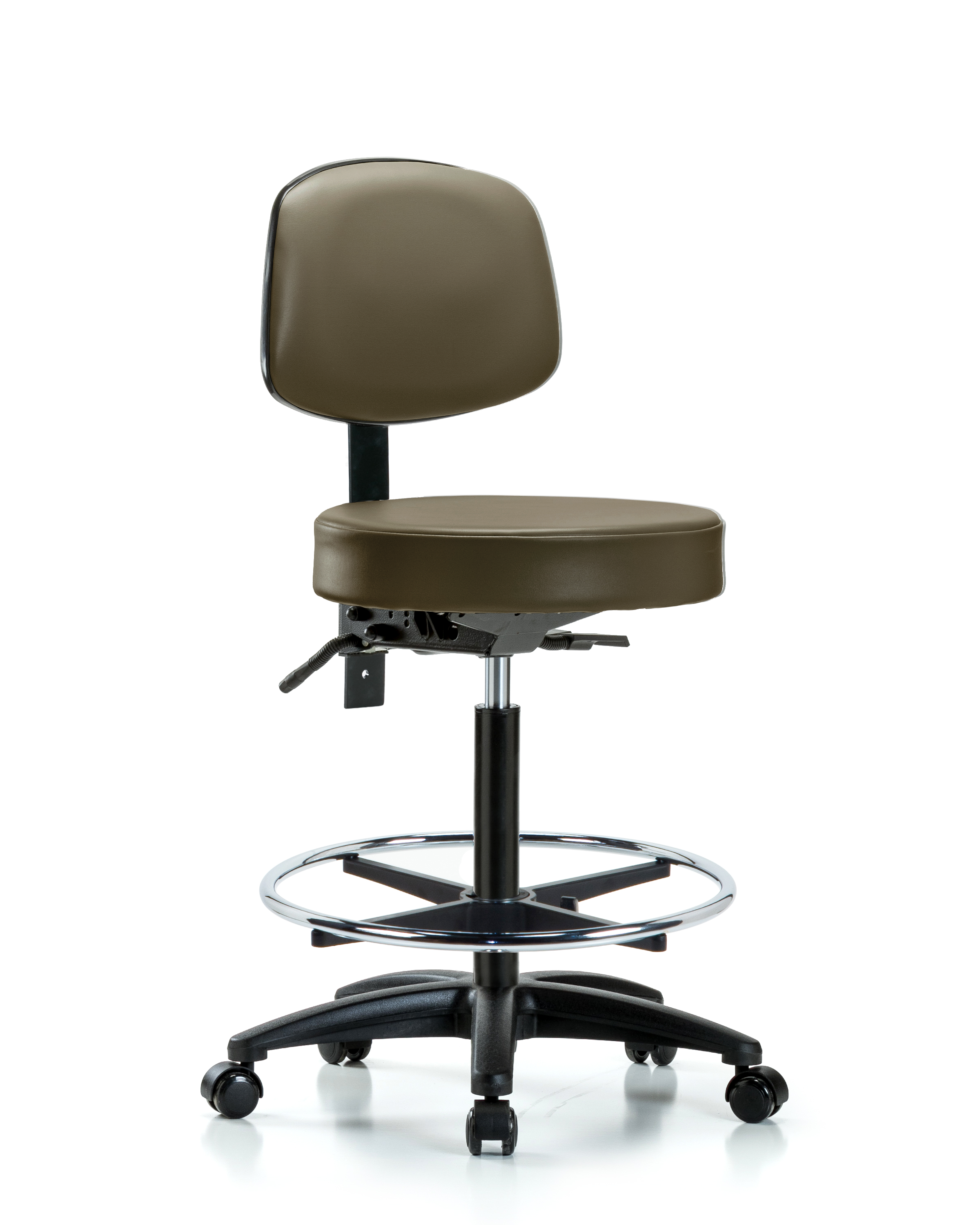 Rutledge Vinyl Stool with Back - High Bench Height with Seat Tilt, Chrome Foot Ring, & Casters in Taupe Supernova Vinyl