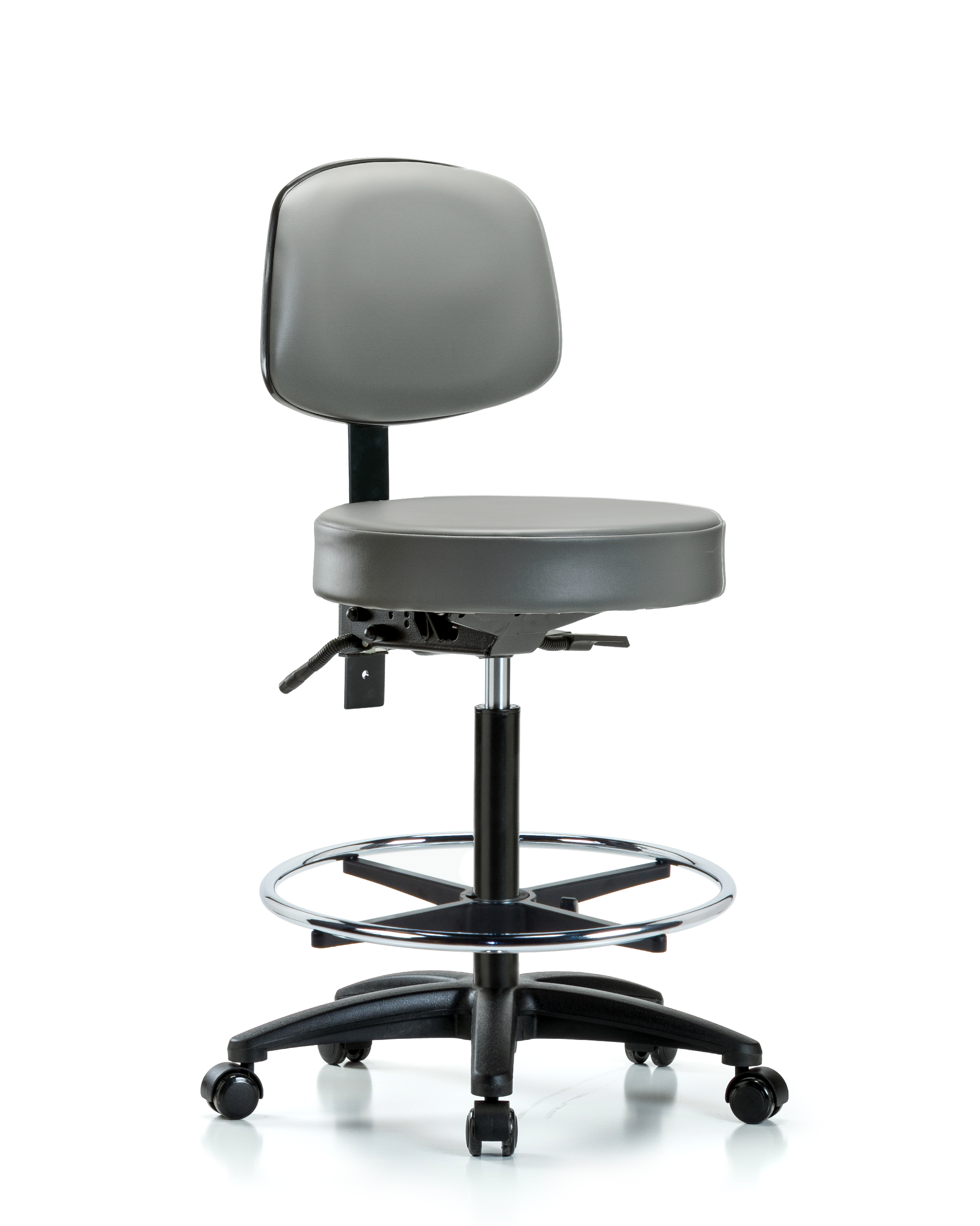Rutledge Vinyl Stool with Back - High Bench Height with Seat Tilt, Chrome Foot Ring, & Casters in Sterling Supernova Vinyl