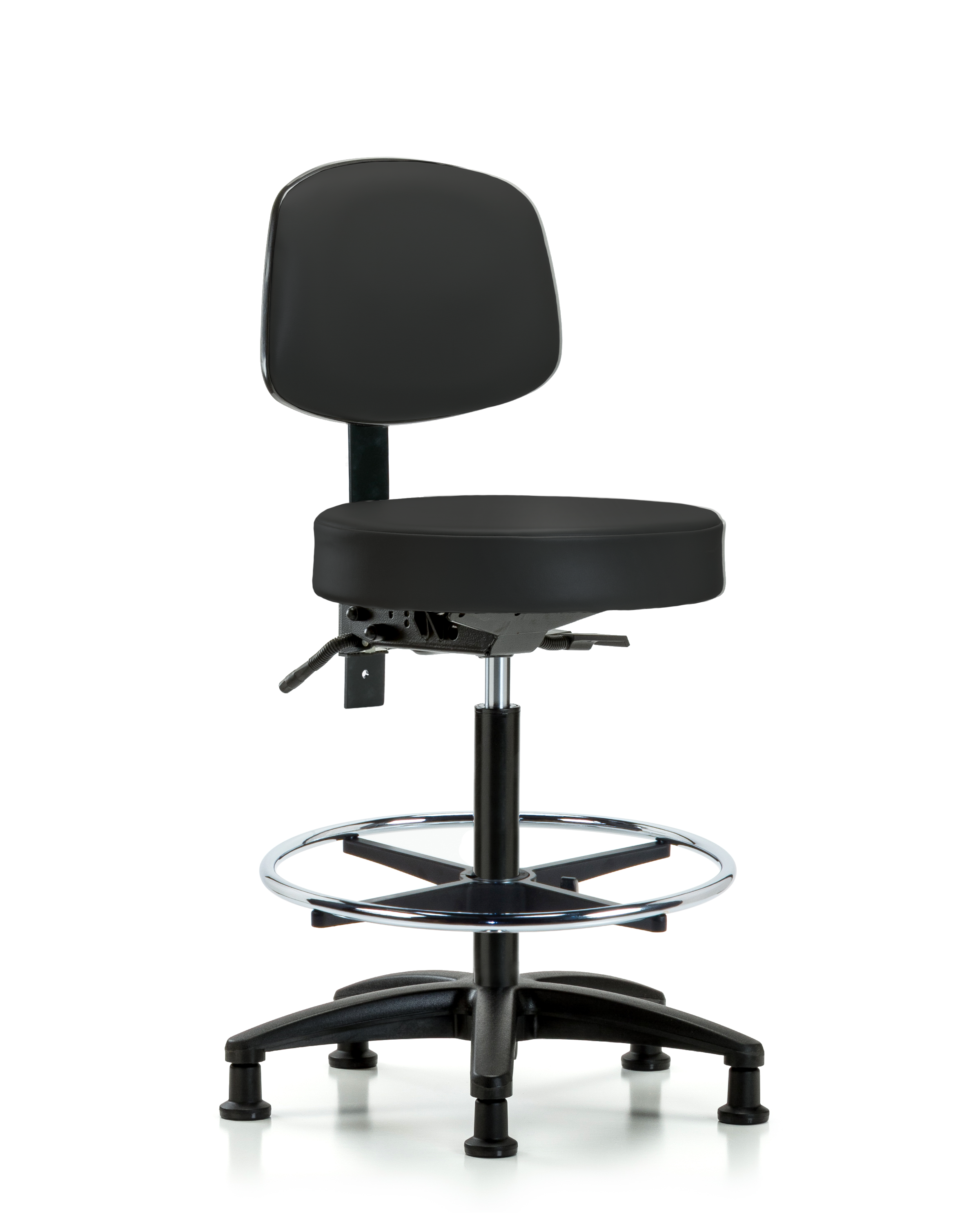 Rutledge Vinyl Stool with Back - High Bench Height with Seat Tilt, Chrome Foot Ring, & Stationary Glides in Black Trailblazer Vinyl