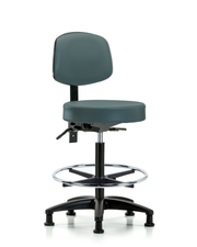 Rutledge Vinyl Stool with Back - High Bench Height with Seat Tilt, Chrome Foot Ring, & Stationary Glides in Colonial Blue Trailblazer Vinyl