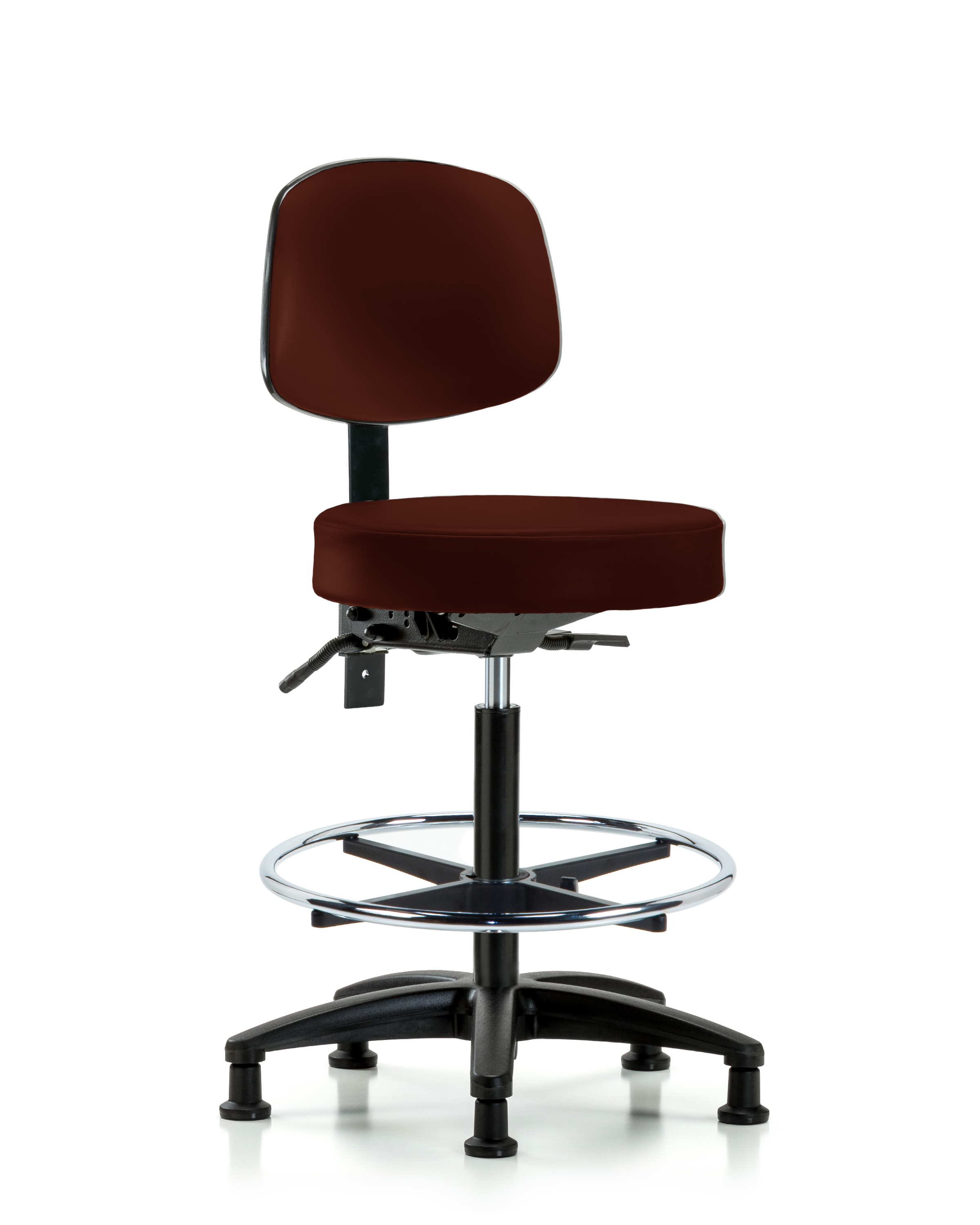 Rutledge Vinyl Stool with Back - High Bench Height with Seat Tilt, Chrome Foot Ring, & Stationary Glides in Burgundy Trailblazer Vinyl