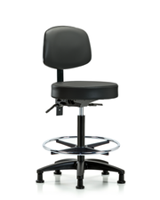 Rutledge Vinyl Stool with Back - High Bench Height with Seat Tilt, Chrome Foot Ring, & Stationary Glides in Carbon Supernova Vinyl