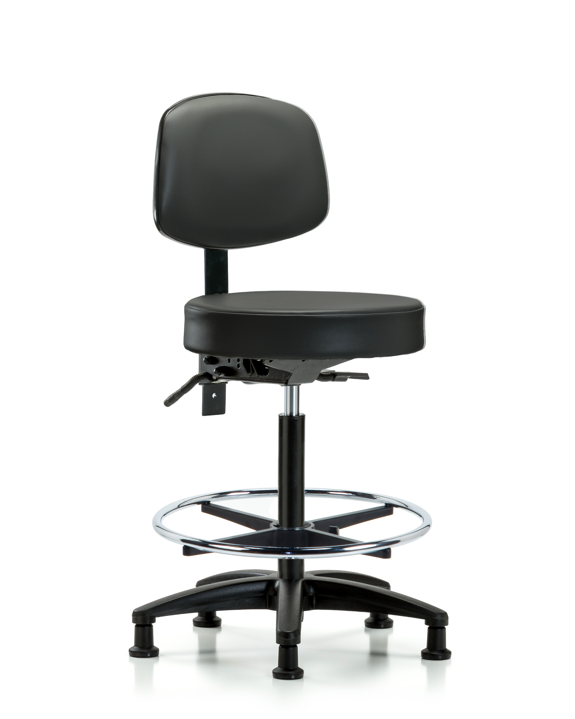 Rutledge Vinyl Stool with Back - High Bench Height with Seat Tilt, Chrome Foot Ring, & Stationary Glides in Carbon Supernova Vinyl