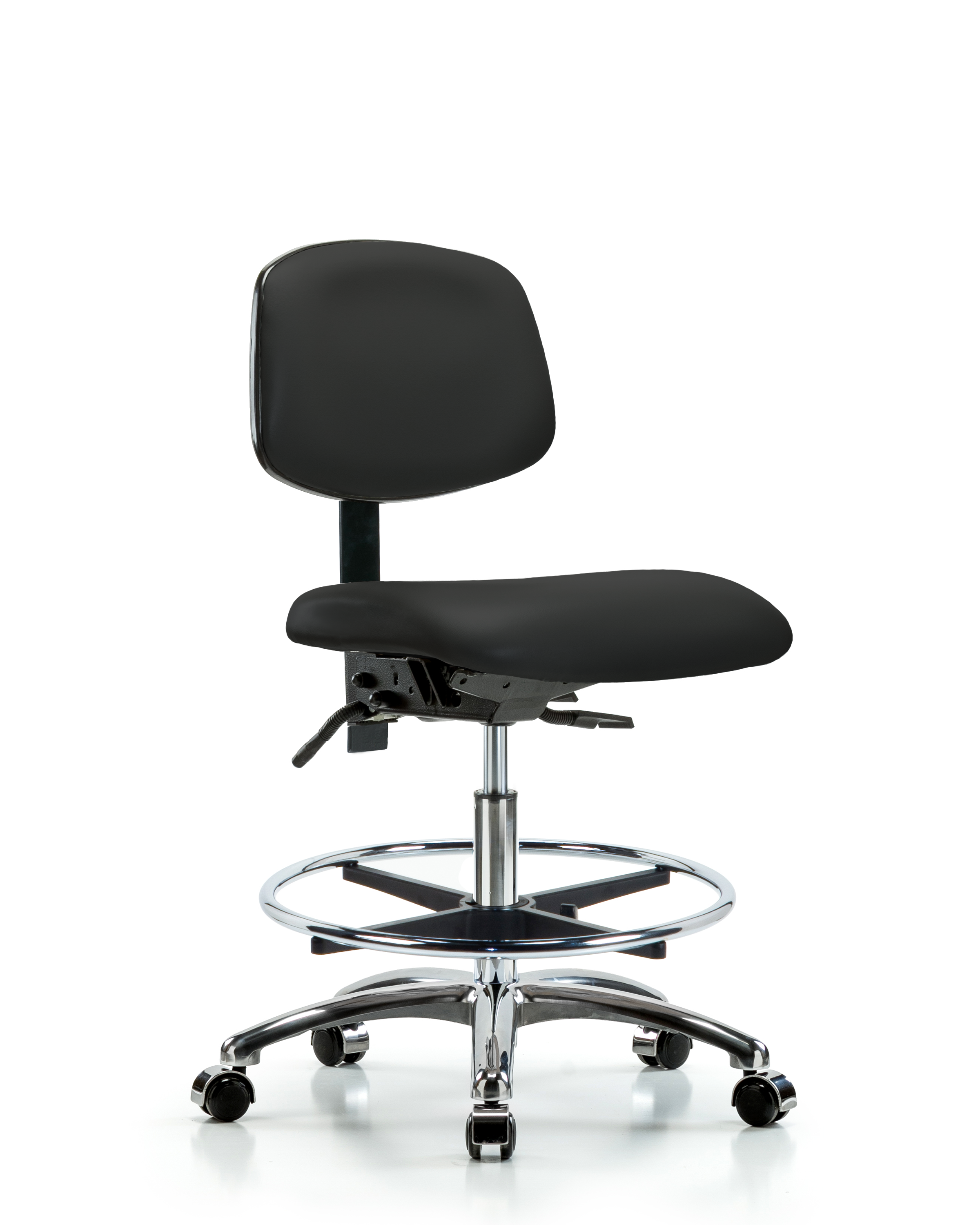 Rutledge Vinyl Chair Chrome - Medium Bench Height with Chrome Foot Ring & Casters in Black Trailblazer Vinyl