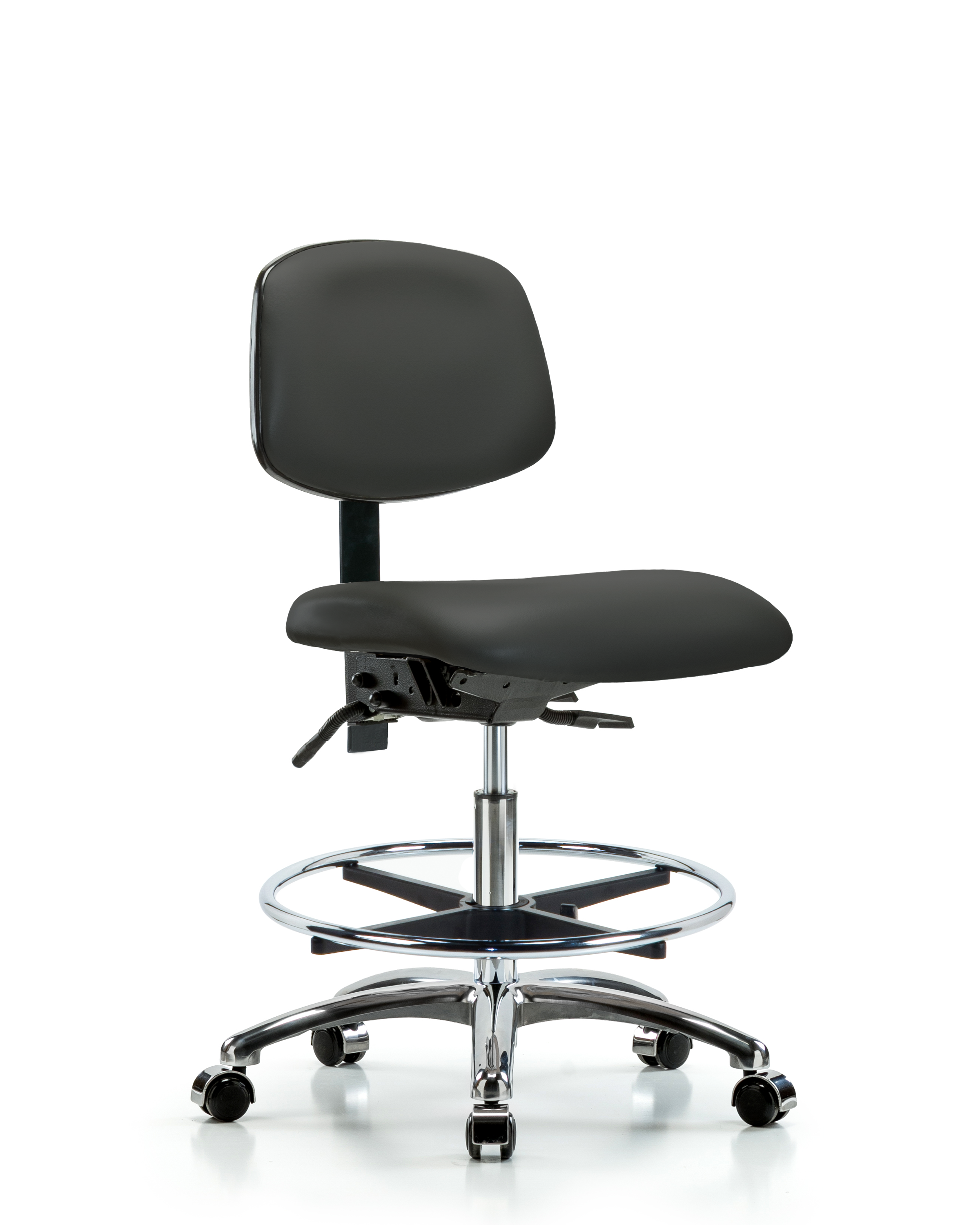 Rutledge Vinyl Chair Chrome - Medium Bench Height with Chrome Foot Ring & Casters in Charcoal Trailblazer Vinyl