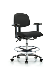 Rutledge Vinyl Chair Chrome - Medium Bench Height with Adjustable Arms, Chrome Foot Ring, & Casters in Black Trailblazer Vinyl