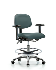 Rutledge Vinyl Chair Chrome - Medium Bench Height with Adjustable Arms, Chrome Foot Ring, & Casters in Colonial Blue Trailblazer Vinyl