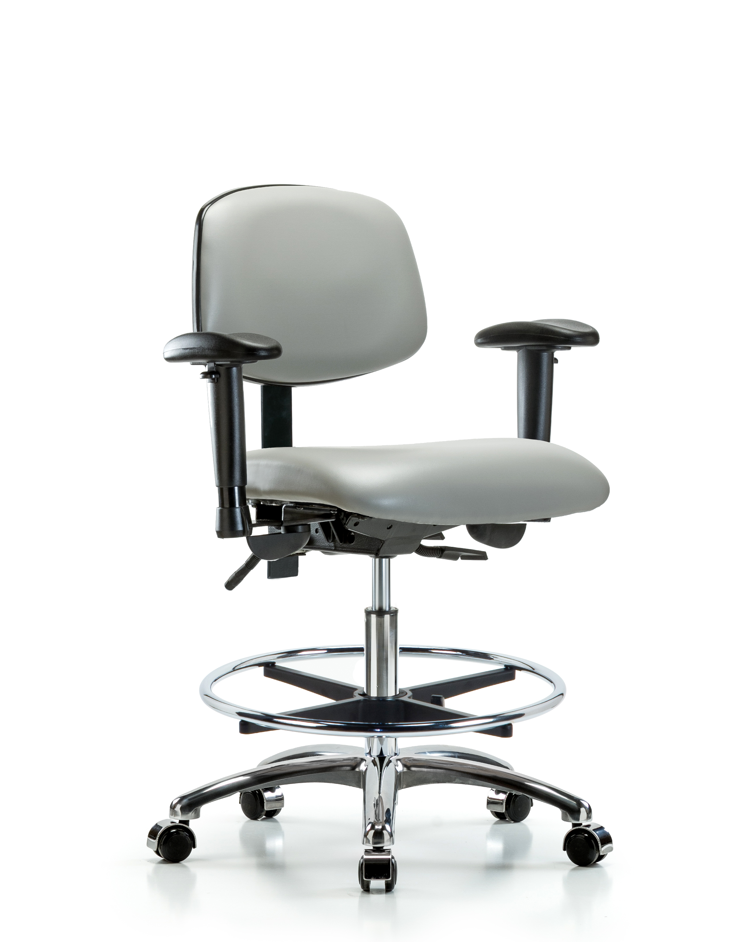 Rutledge Vinyl Chair Chrome - Medium Bench Height with Adjustable Arms, Chrome Foot Ring, & Casters in Dove Trailblazer Vinyl