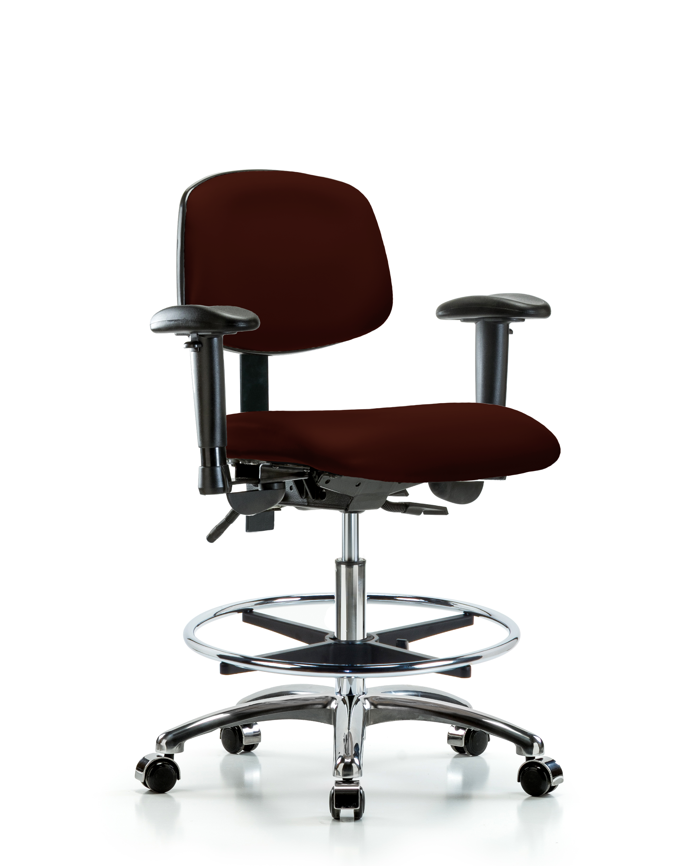 Rutledge Vinyl Chair Chrome - Medium Bench Height with Adjustable Arms, Chrome Foot Ring, & Casters in Burgundy Trailblazer Vinyl