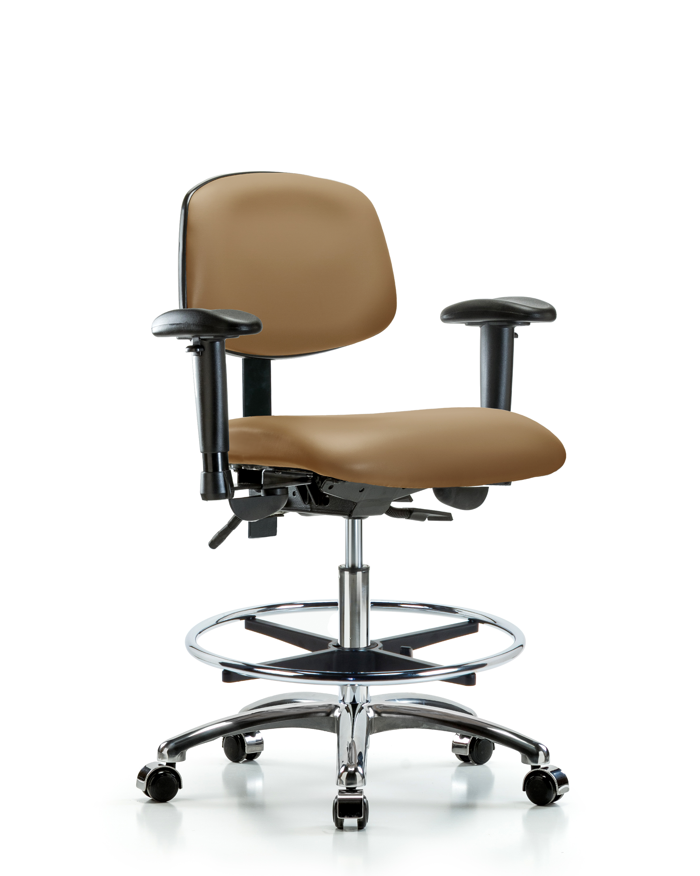 Rutledge Vinyl Chair Chrome - Medium Bench Height with Adjustable Arms, Chrome Foot Ring, & Casters in Taupe Trailblazer Vinyl