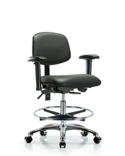 Rutledge Vinyl Chair Chrome - Medium Bench Height with Adjustable Arms, Chrome Foot Ring, & Casters in Carbon Supernova Vinyl