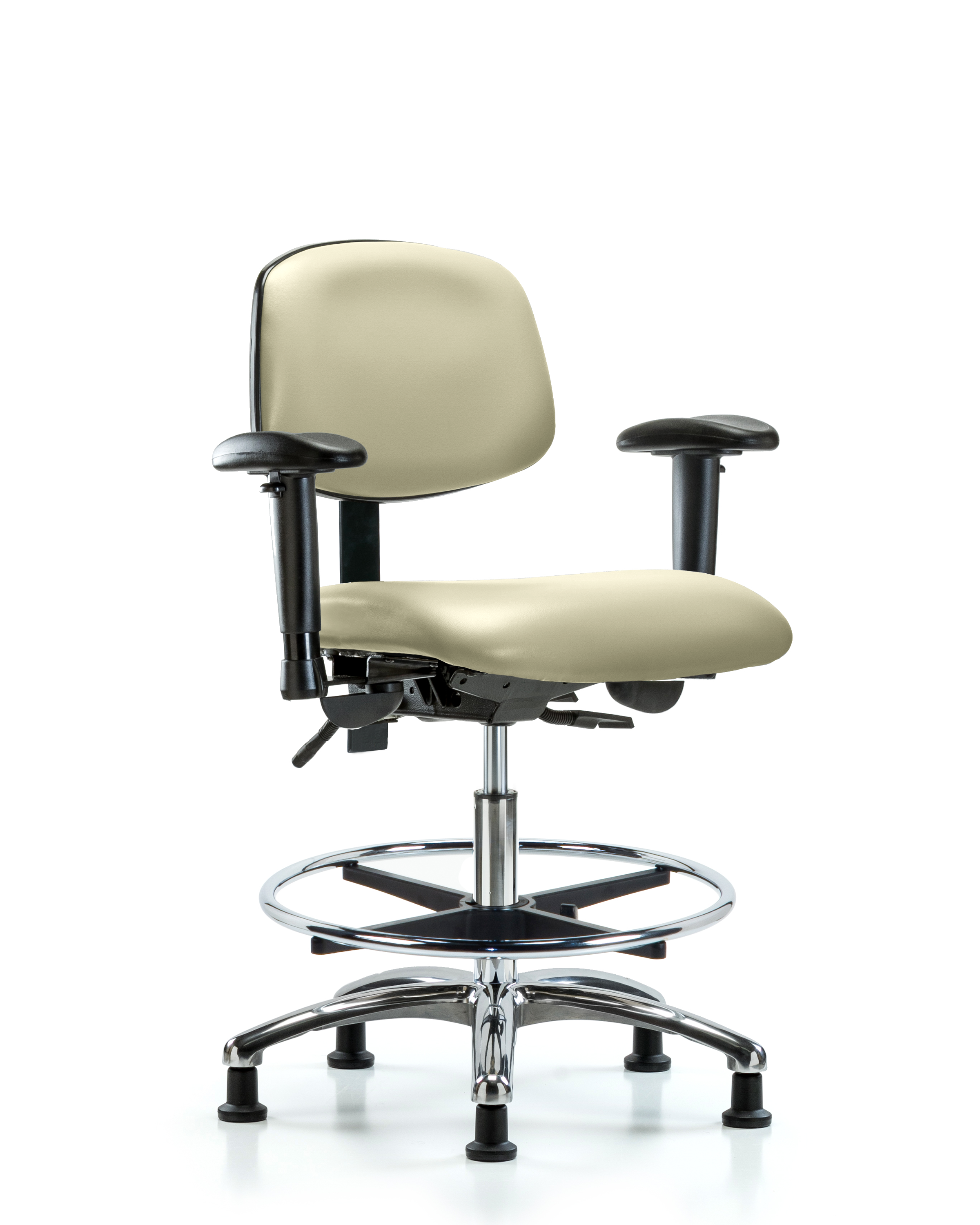 Rutledge Vinyl Chair Chrome - Medium Bench Height with Adjustable Arms, Chrome Foot Ring, & Stationary Glides in Adobe White Trailblazer Vinyl