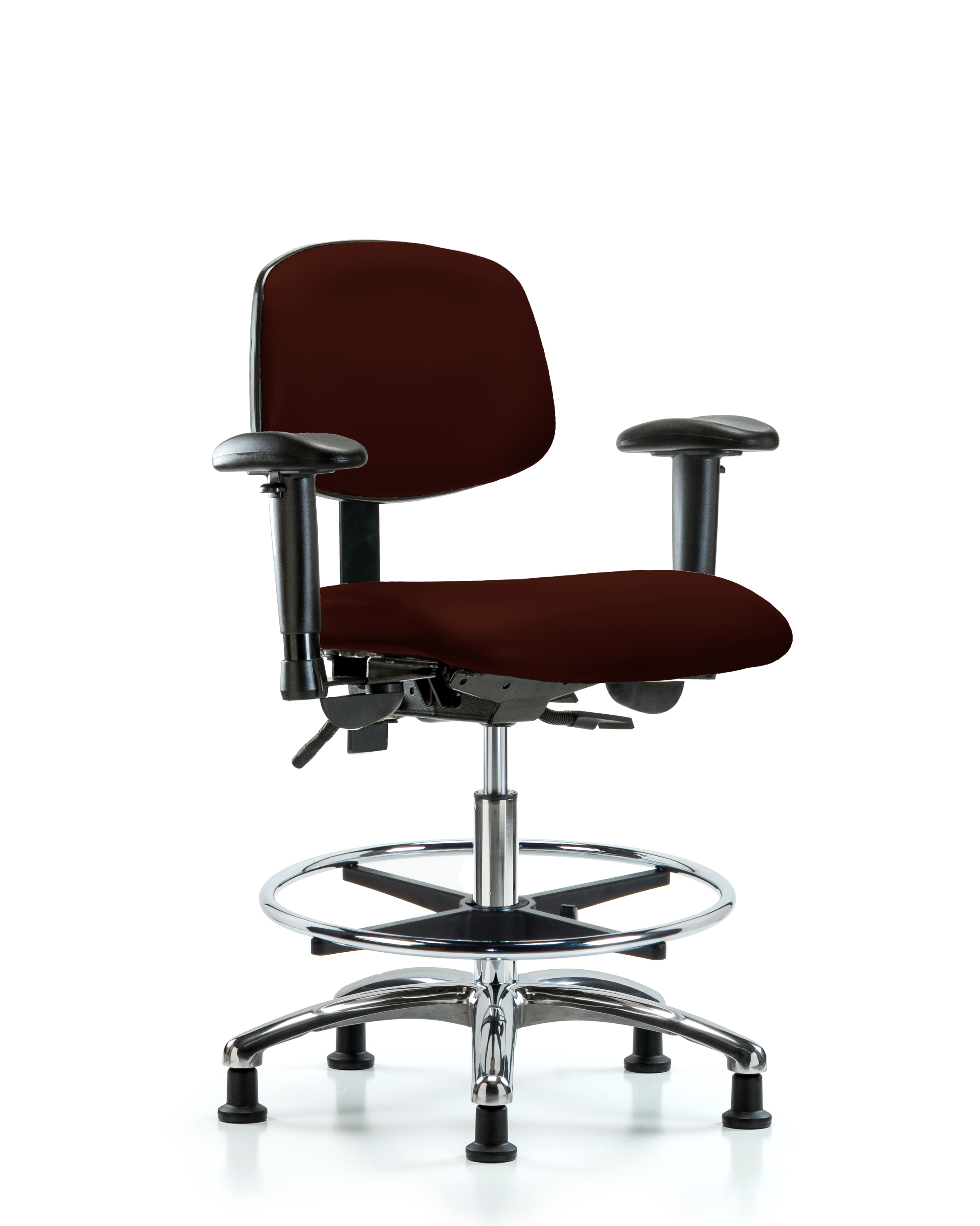 Rutledge Vinyl Chair Chrome - Medium Bench Height with Adjustable Arms, Chrome Foot Ring, & Stationary Glides in Burgundy Trailblazer Vinyl