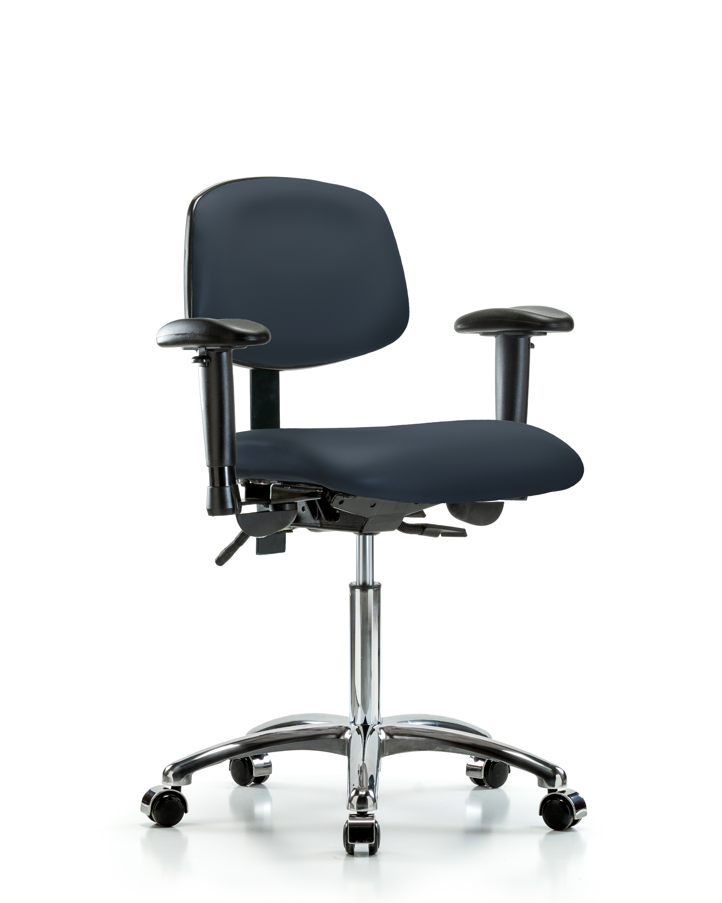 Rutledge Vinyl Chair Chrome - Medium Bench Height with Adjustable Arms & Casters in Imperial Blue Trailblazer Vinyl