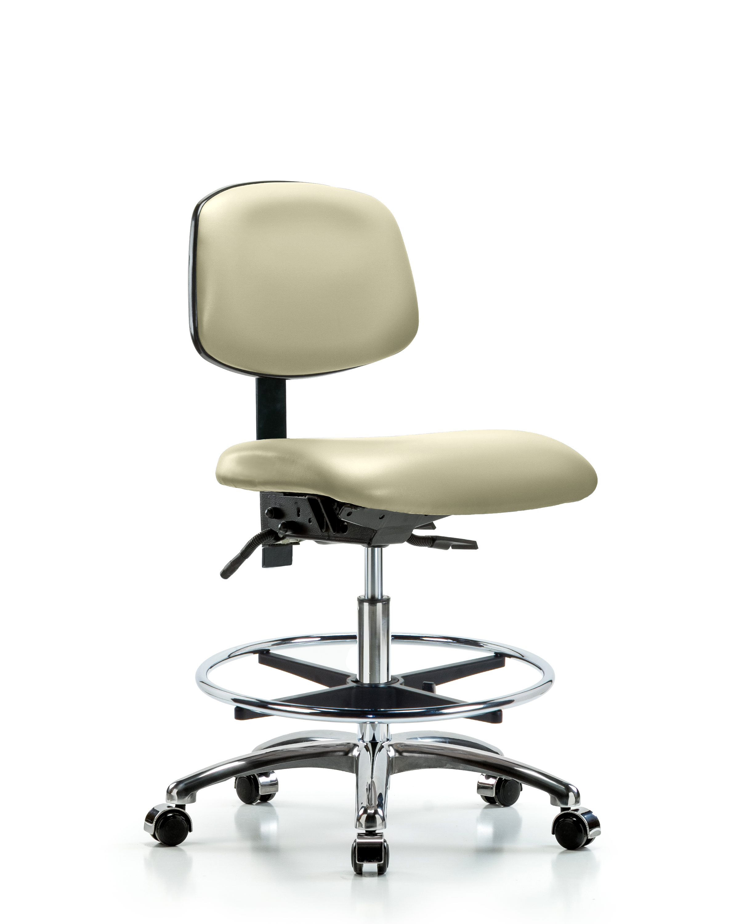 Rutledge Vinyl Chair Chrome - Medium Bench Height with Seat Tilt, Chrome Foot Ring, & Casters in Adobe White Trailblazer Vinyl