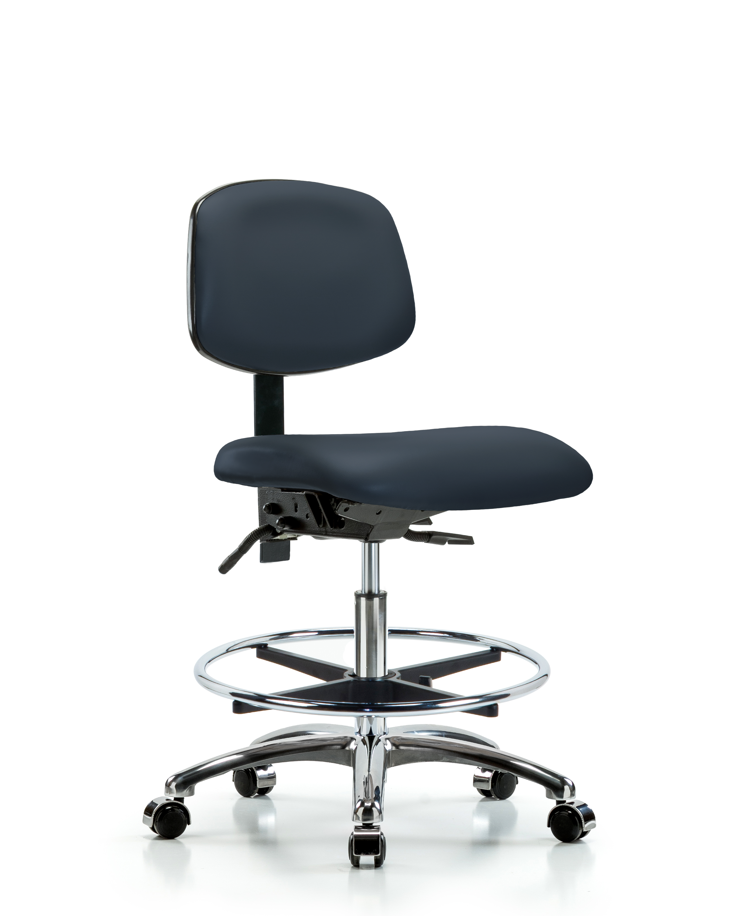 Rutledge Vinyl Chair Chrome - Medium Bench Height with Seat Tilt, Chrome Foot Ring, & Casters in Imperial Blue Trailblazer Vinyl