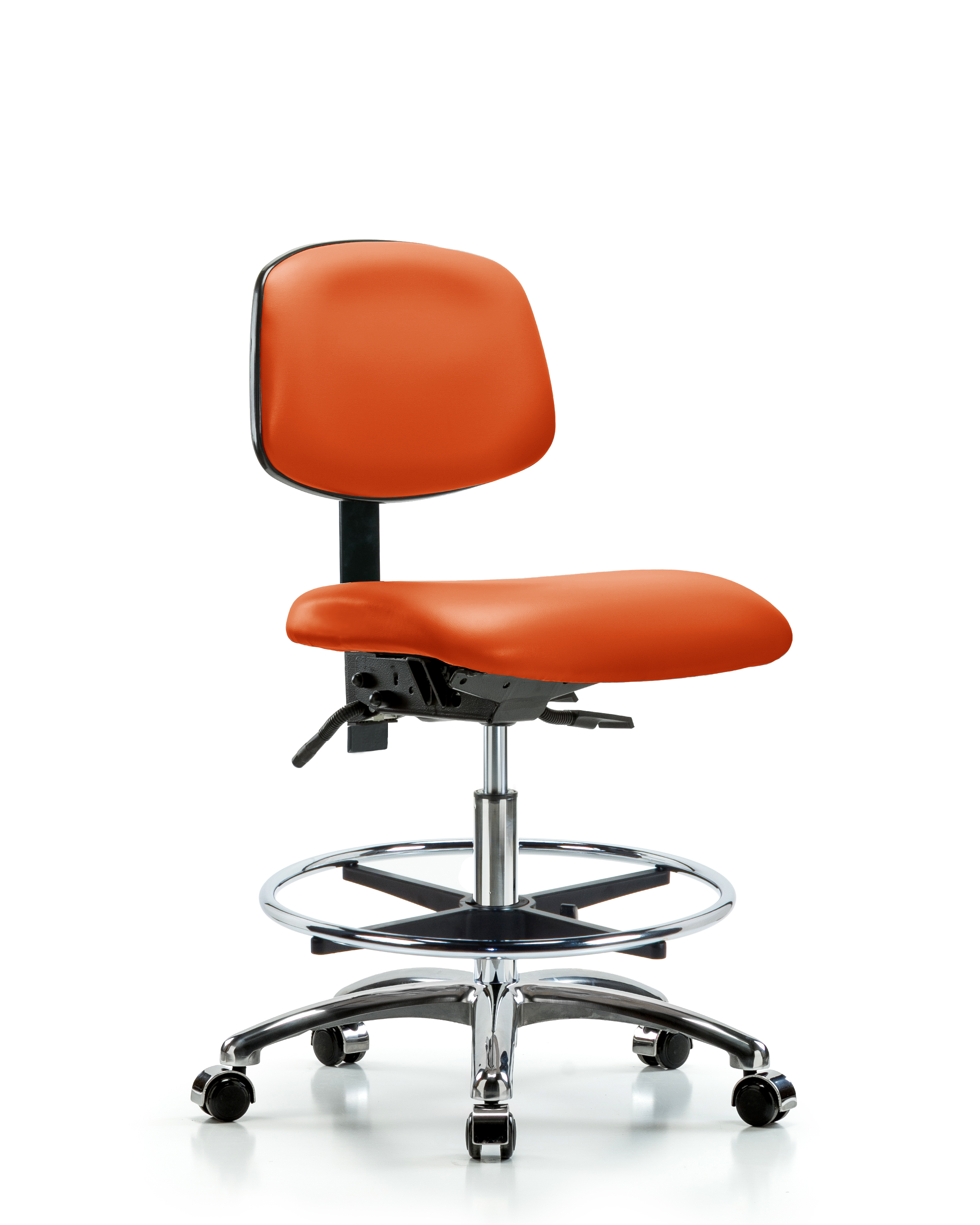 Rutledge Vinyl Chair Chrome - Medium Bench Height with Seat Tilt, Chrome Foot Ring, & Casters in Orange Kist Trailblazer Vinyl