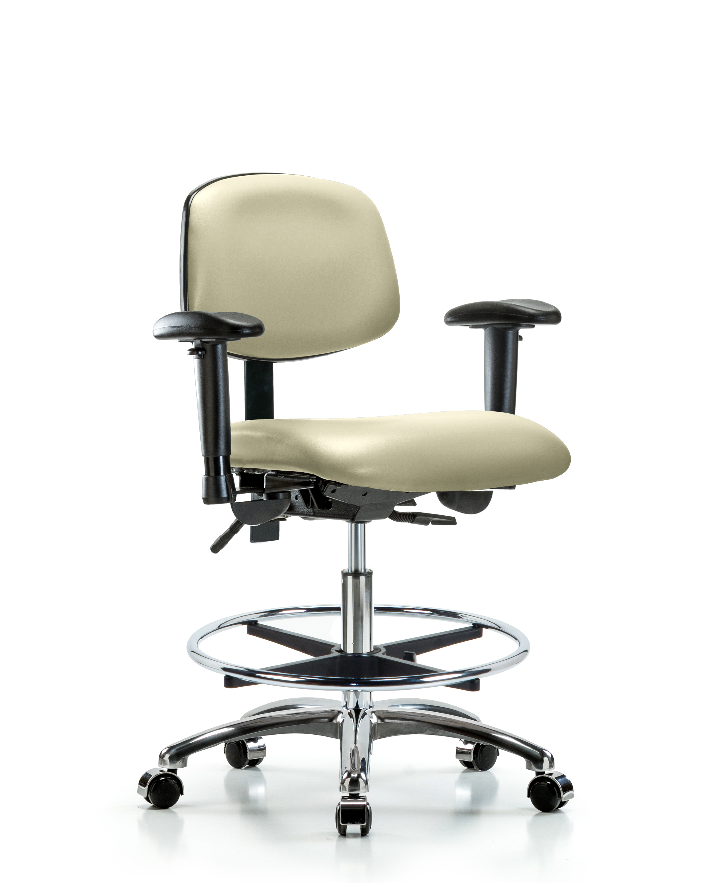 Rutledge Vinyl Chair Chrome - Medium Bench Height with Seat Tilt, Adjustable Arms, Chrome Foot Ring, & Casters in Adobe White Trailblazer Vinyl