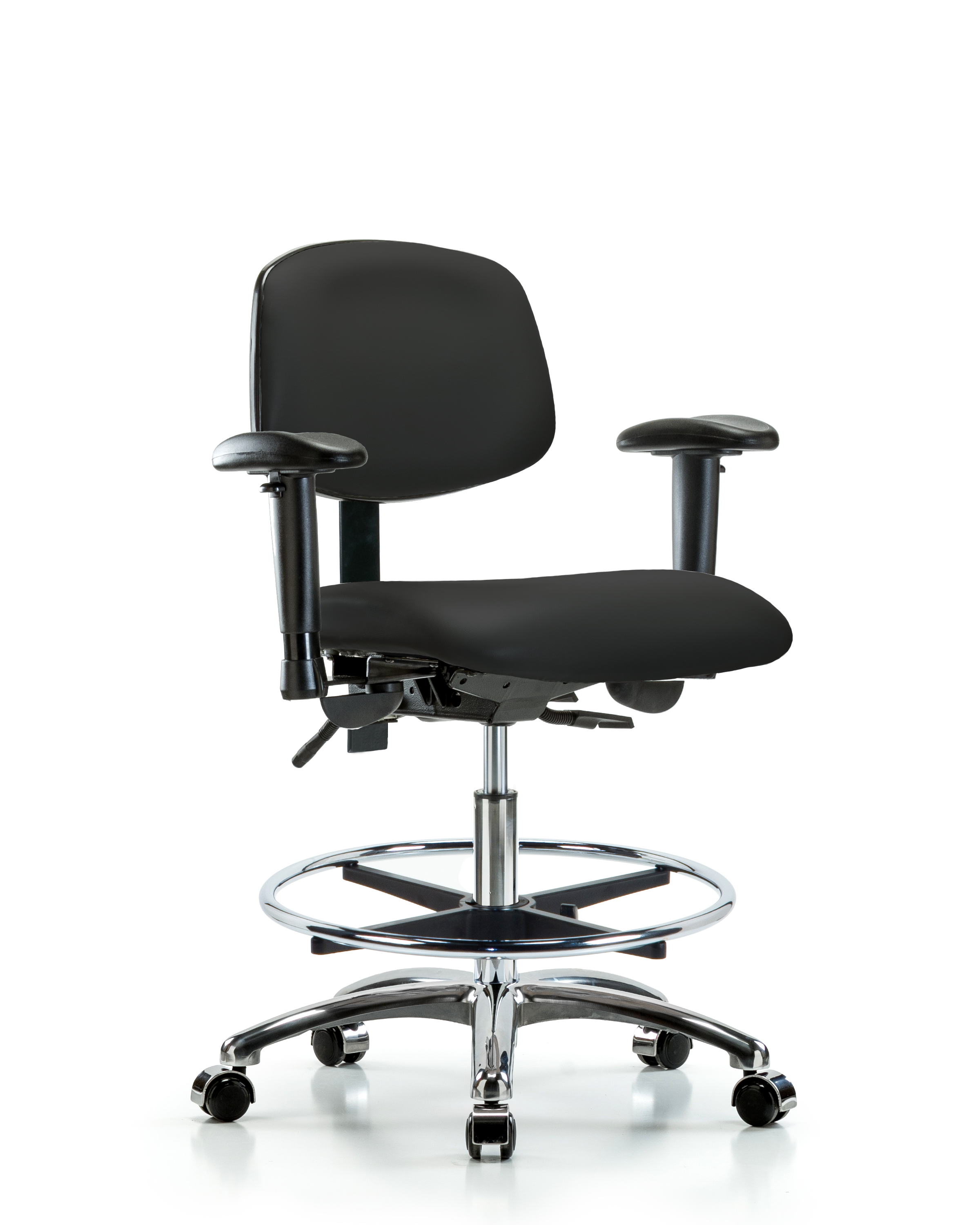 Rutledge Vinyl Chair Chrome - Medium Bench Height with Seat Tilt, Adjustable Arms, Chrome Foot Ring, & Casters in Black Trailblazer Vinyl