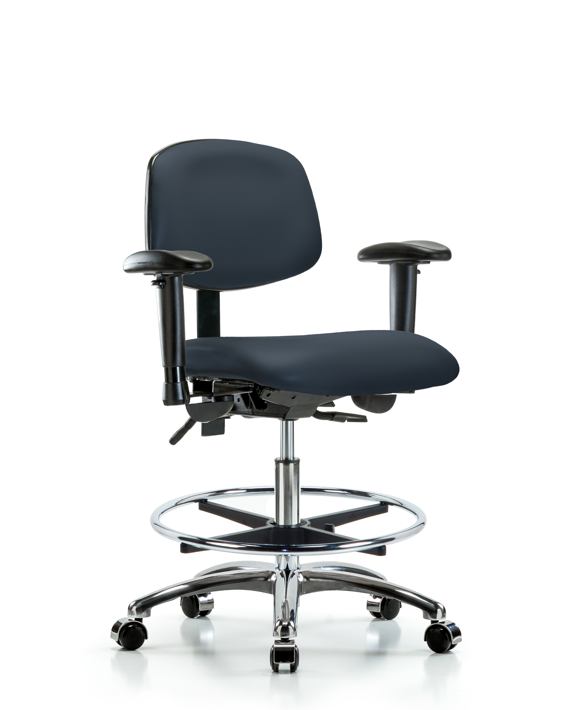 Rutledge Vinyl Chair Chrome - Medium Bench Height with Seat Tilt, Adjustable Arms, Chrome Foot Ring, & Casters in Imperial Blue Trailblazer Vinyl