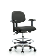 Rutledge Vinyl Chair Chrome - Medium Bench Height with Seat Tilt, Adjustable Arms, Chrome Foot Ring, & Casters in Charcoal Trailblazer Vinyl