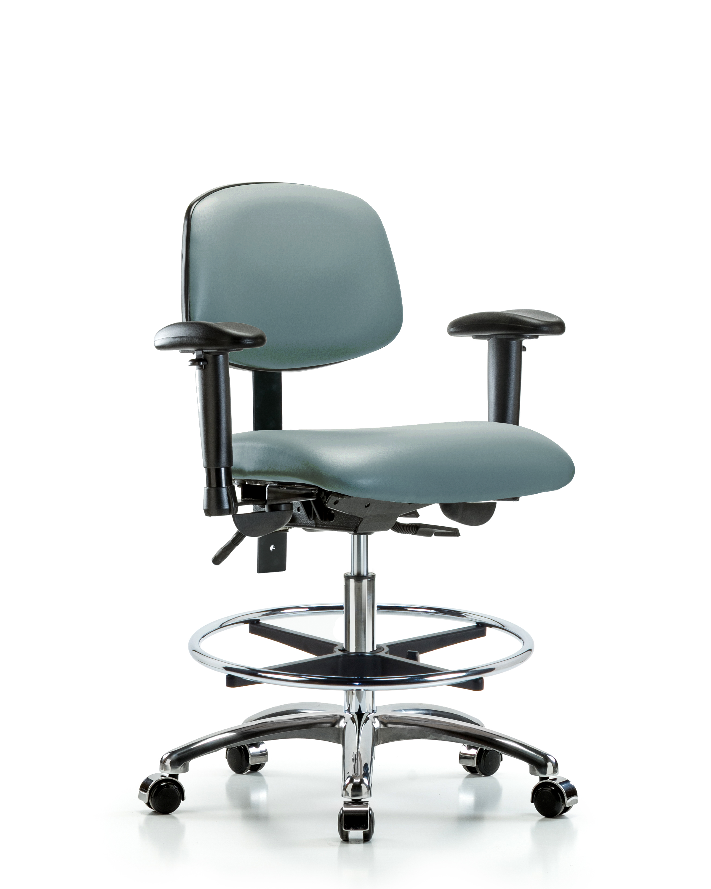 Rutledge Vinyl Chair Chrome - Medium Bench Height with Seat Tilt, Adjustable Arms, Chrome Foot Ring, & Casters in Storm Supernova Vinyl