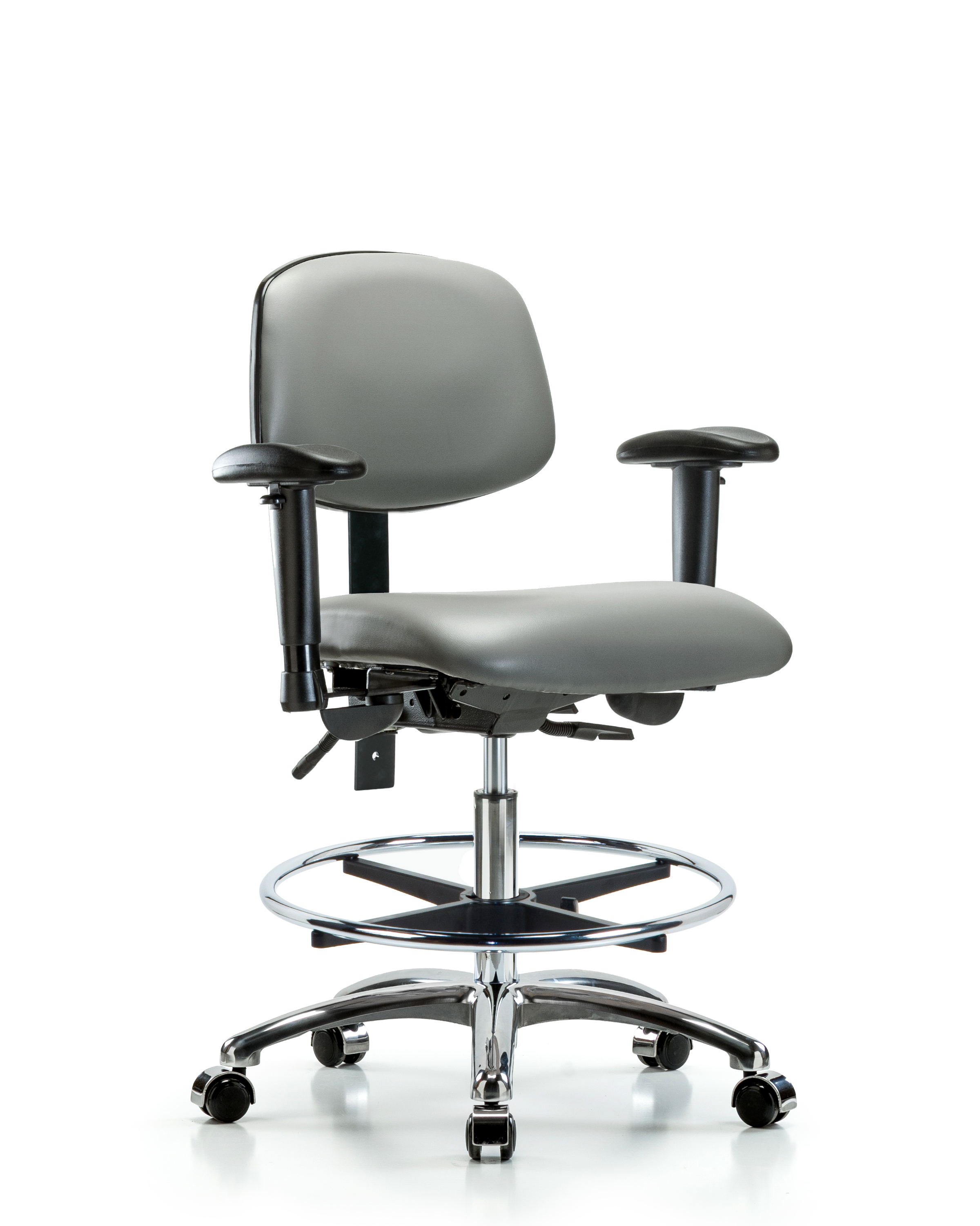 Rutledge Vinyl Chair Chrome - Medium Bench Height with Seat Tilt, Adjustable Arms, Chrome Foot Ring, & Casters in Sterling Supernova Vinyl
