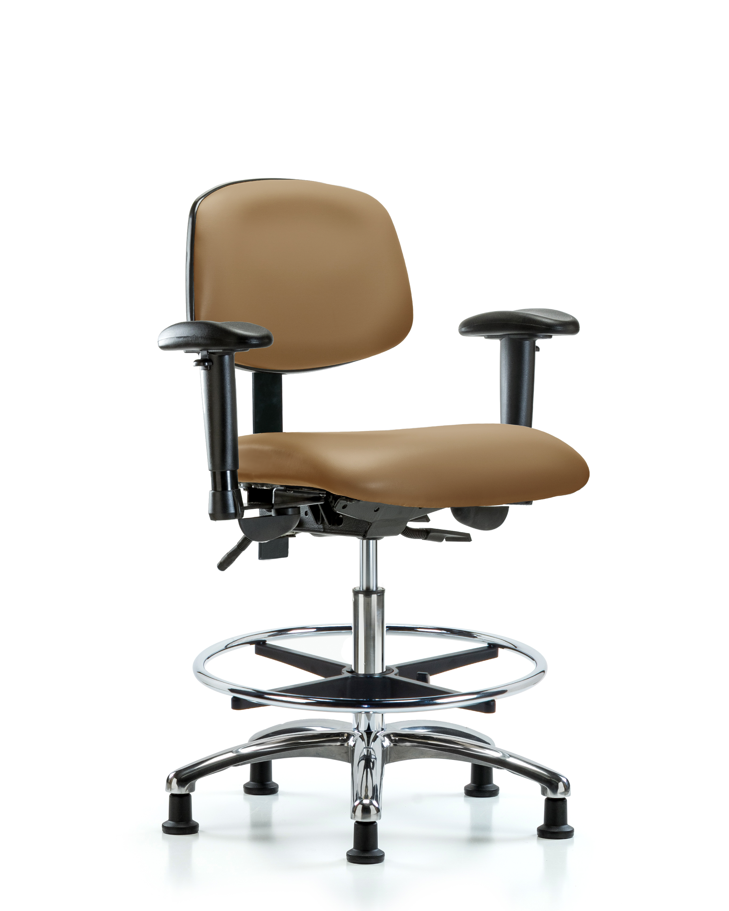 Rutledge Vinyl Chair Chrome - Medium Bench Height with Seat Tilt, Adjustable Arms, Chrome Foot Ring, & Stationary Glides in Taupe Trailblazer Vinyl