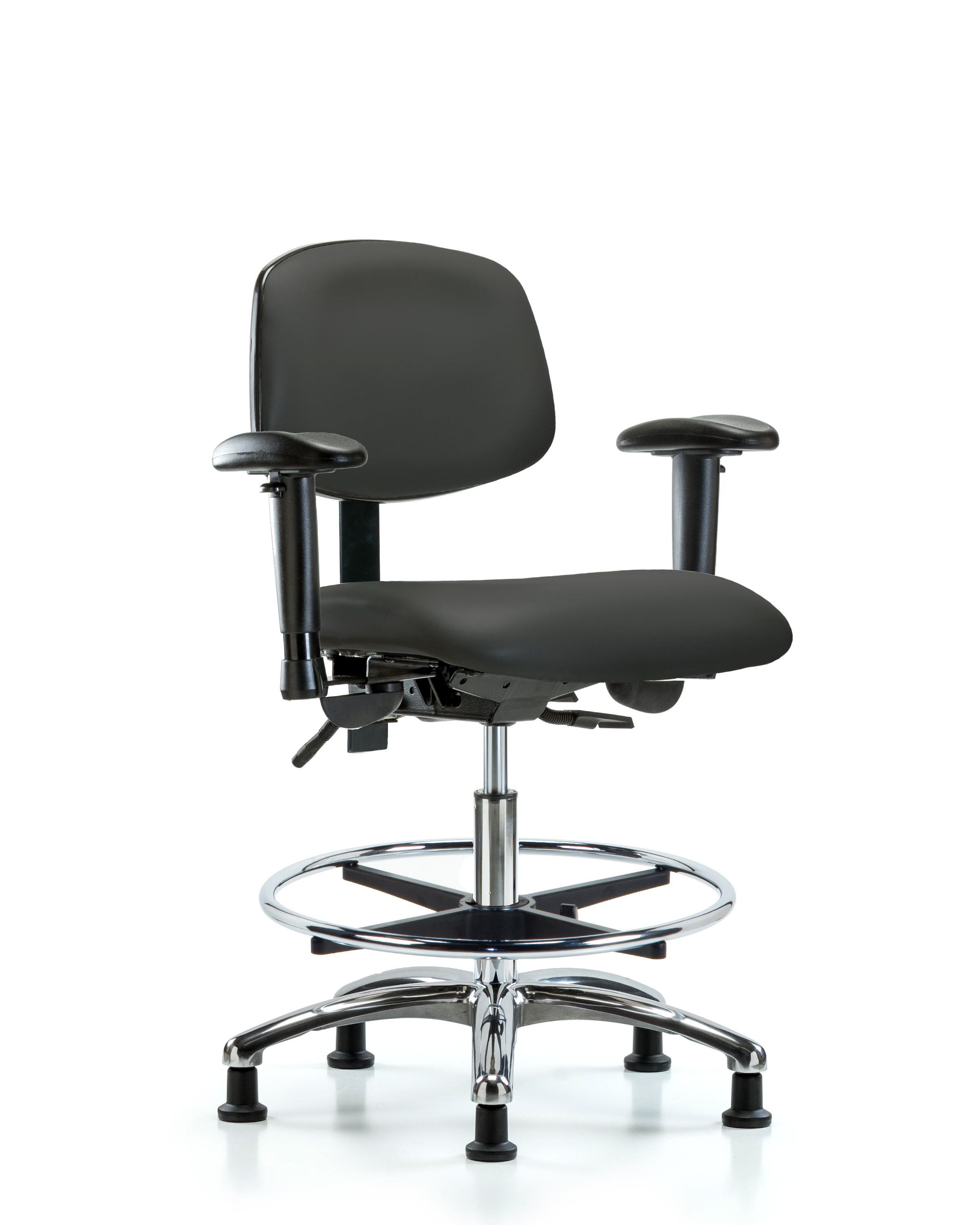 Rutledge Vinyl Chair Chrome - Medium Bench Height with Seat Tilt, Adjustable Arms, Chrome Foot Ring, & Stationary Glides in Charcoal Trailblazer Vinyl