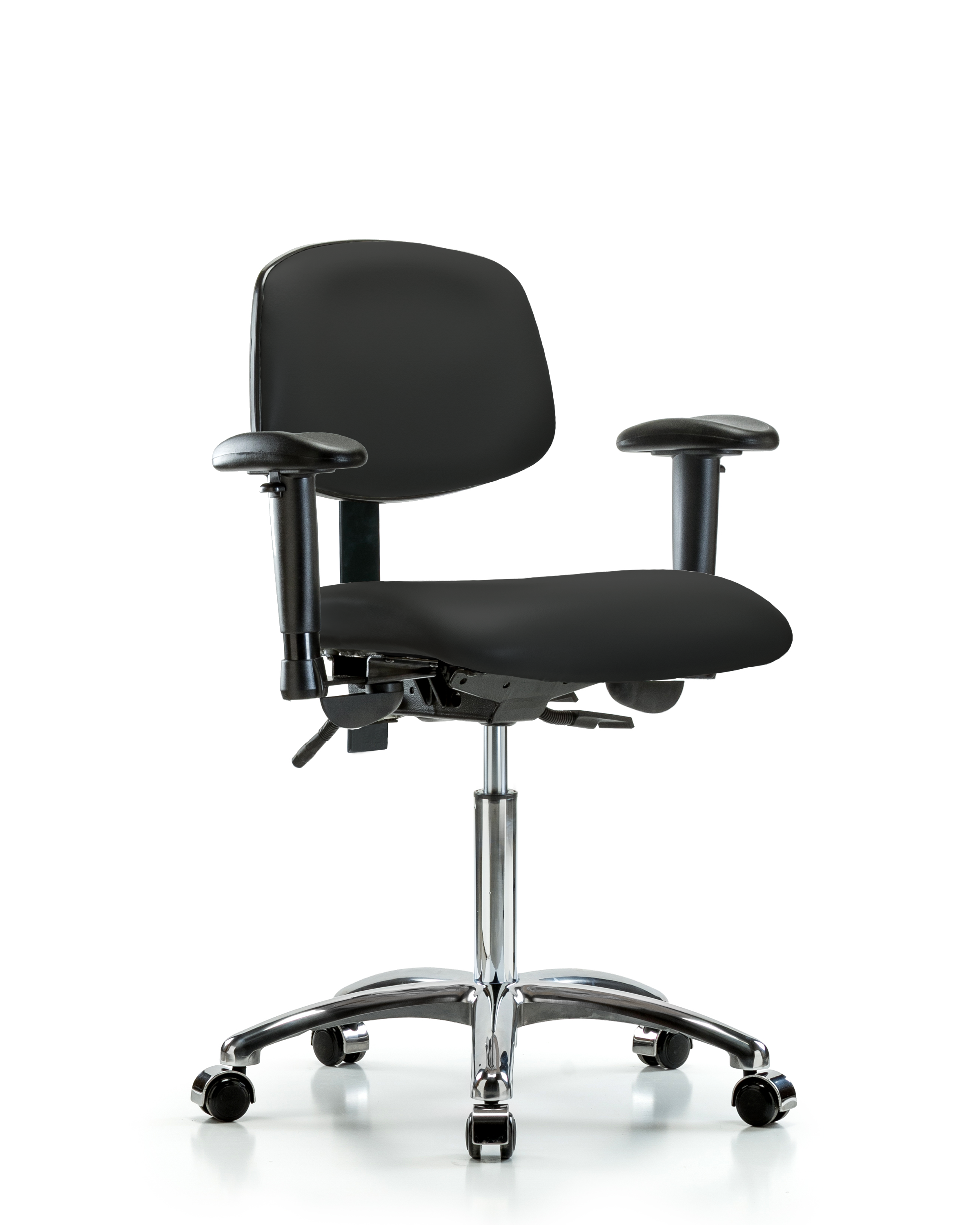 Rutledge Vinyl Chair Chrome - Medium Bench Height with Seat Tilt, Adjustable Arms, & Casters in Black Trailblazer Vinyl