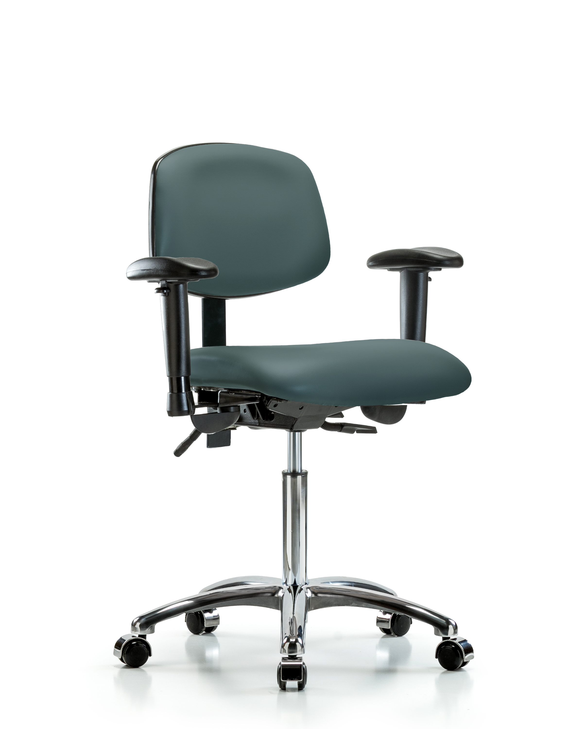 Rutledge Vinyl Chair Chrome - Medium Bench Height with Seat Tilt, Adjustable Arms, & Casters in Colonial Blue Trailblazer Vinyl